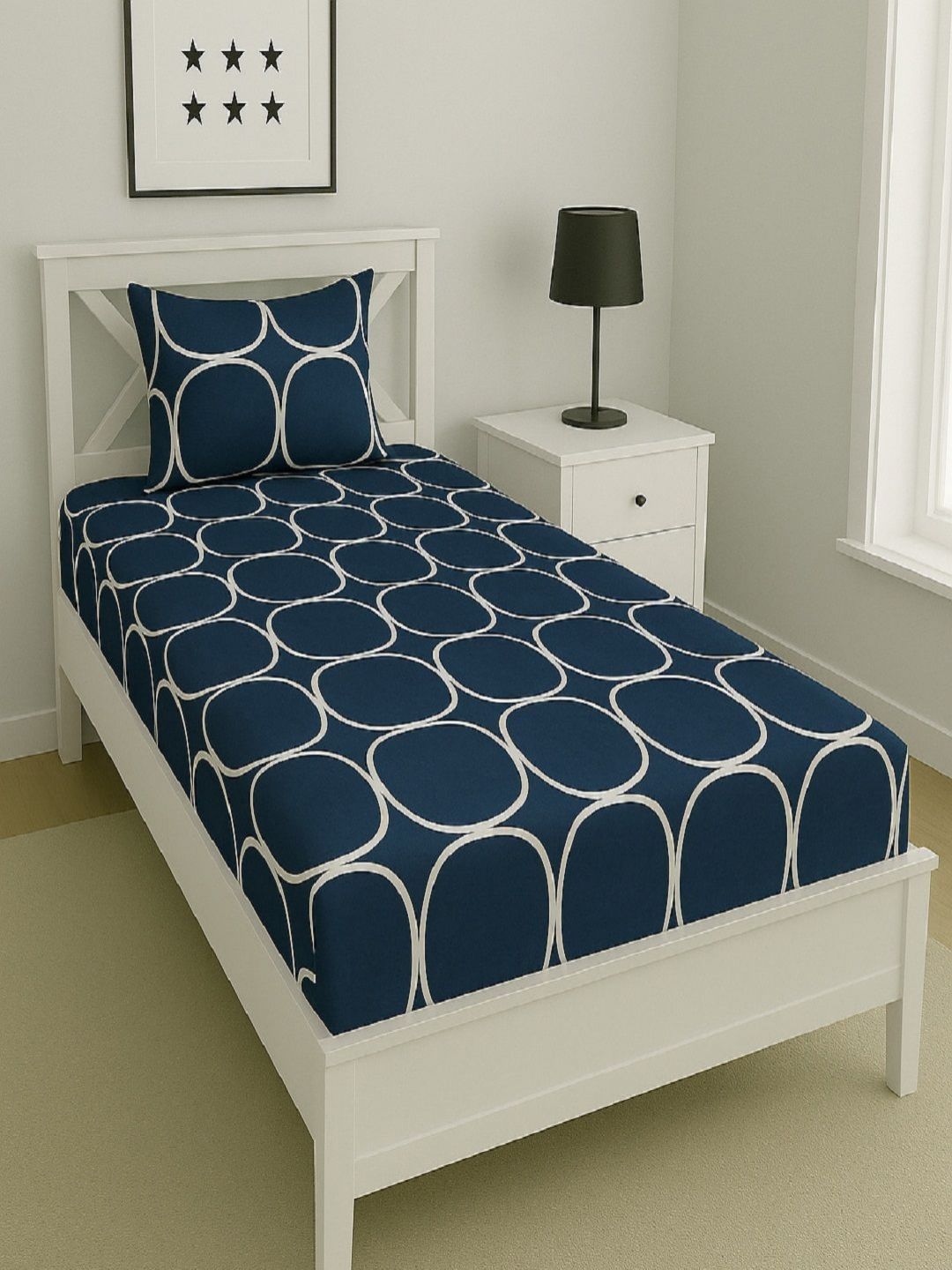 Aura Blue & White Geometric Printed 144 TC Microfiber Single Bedsheet Set 1.52 m x 2.28 m-picture-25