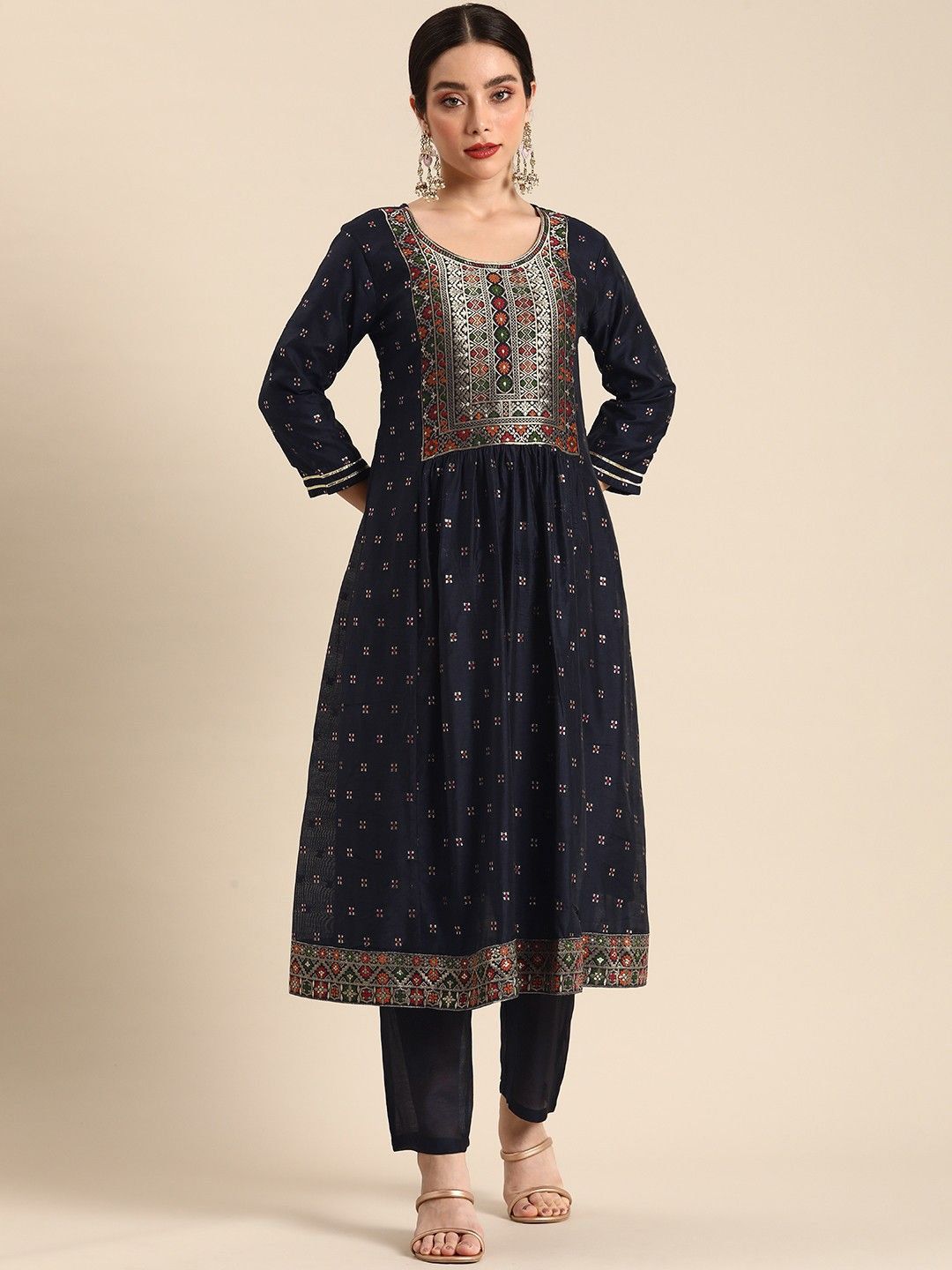 House of Pataudi Women Ethnic Motifs Zari Pleated A-Line Kurta & Trouser