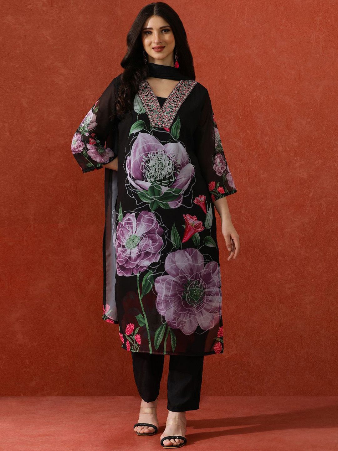 QSH Printed A-Line Floral Festive Kurta & Trousers With Dupatta