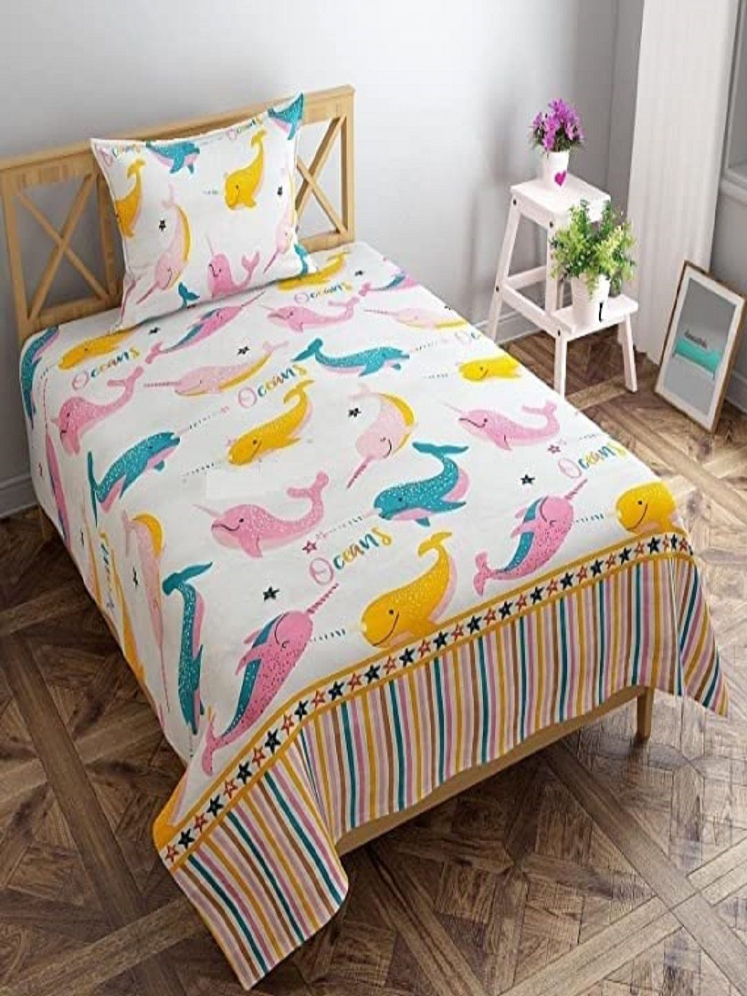 Aura White & Pink Cartoon Printed 144 TC Microfiber Single Bedsheet Set 1.52 m x 2.28 m-image-39