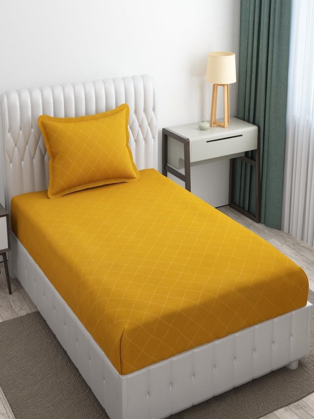 Aura Yellow Geometric Printed 144 TC Microfiber Single Bedsheet Set 1.52 m x 2.28 m-picture-12