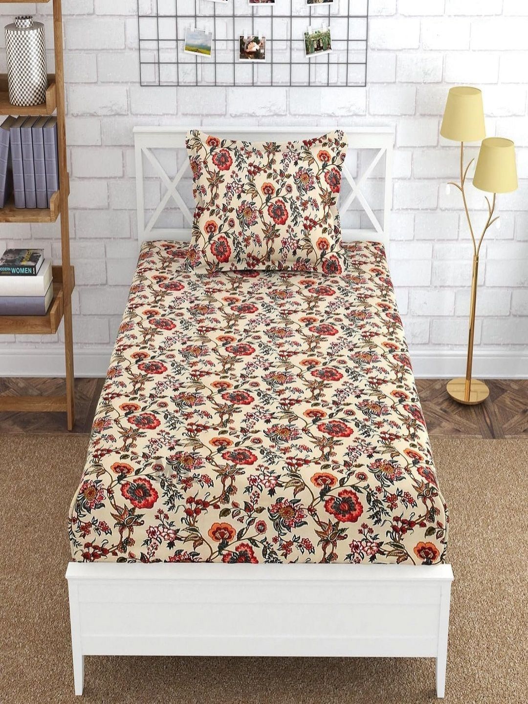 Aura Maroon & Beige Floral Printed 144 TC Microfiber Single Bedsheet Set 1.52 m x 2.28 m-image-26