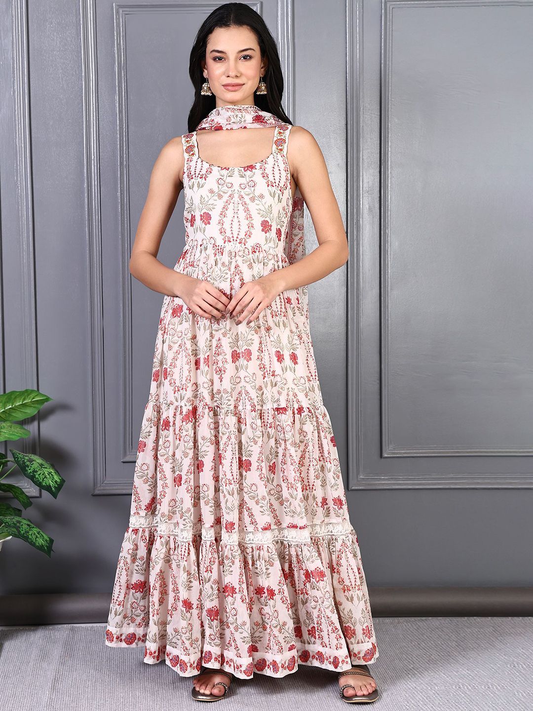 W Printed Fit & Flare Maxi Dress With Dupatta-picture-42