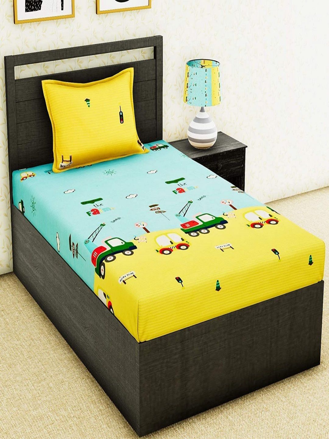 Aura Yellow & Green Cartoon Printed 144 TC Microfiber Single Bedsheet Set 1.52 m x 2.28 m-image-8