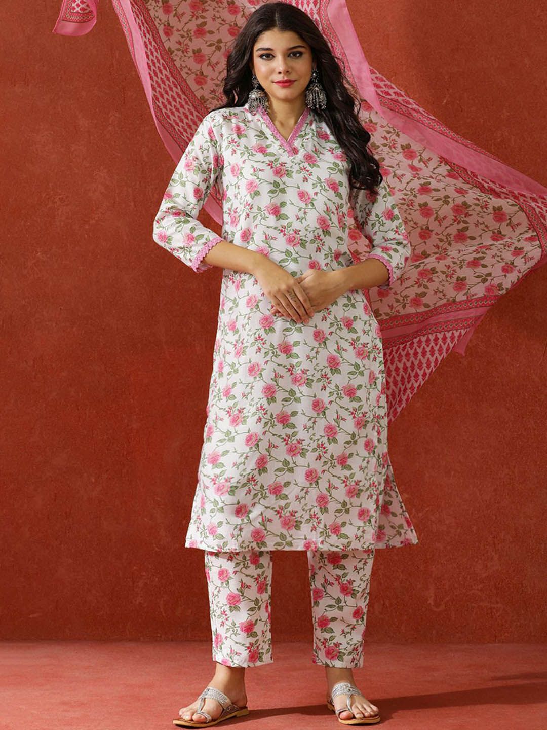 QSH Floral Printed A-Line Festive Kurta & Trousers With Dupatta