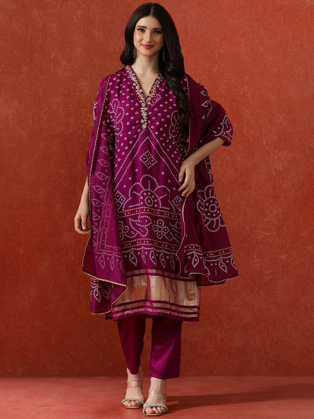 QSH Bandhani Printed A-Line Festive Kurta & Trousers With Dupatta