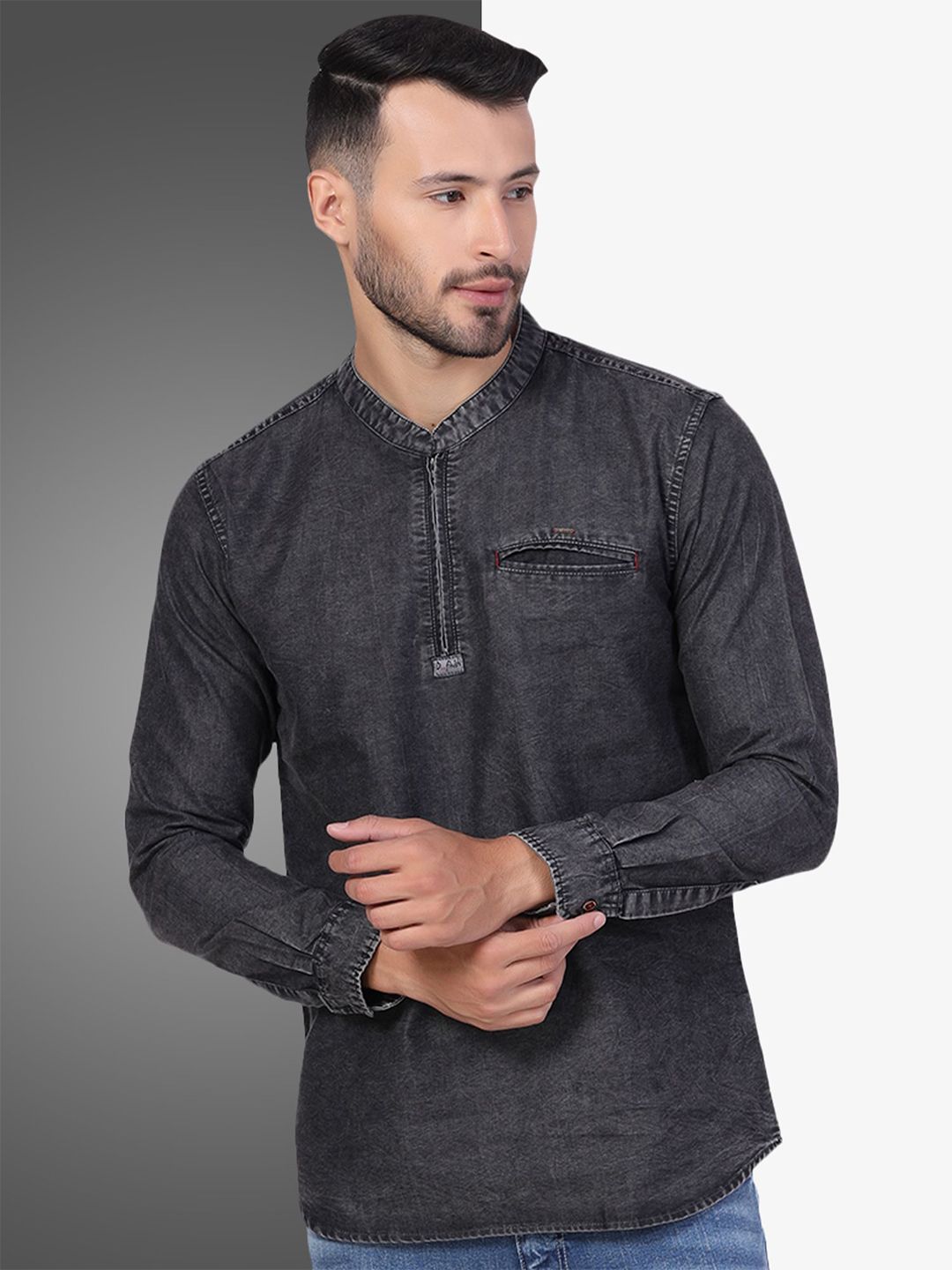 D Finish Men Thread Work Denim Kurta-image-5