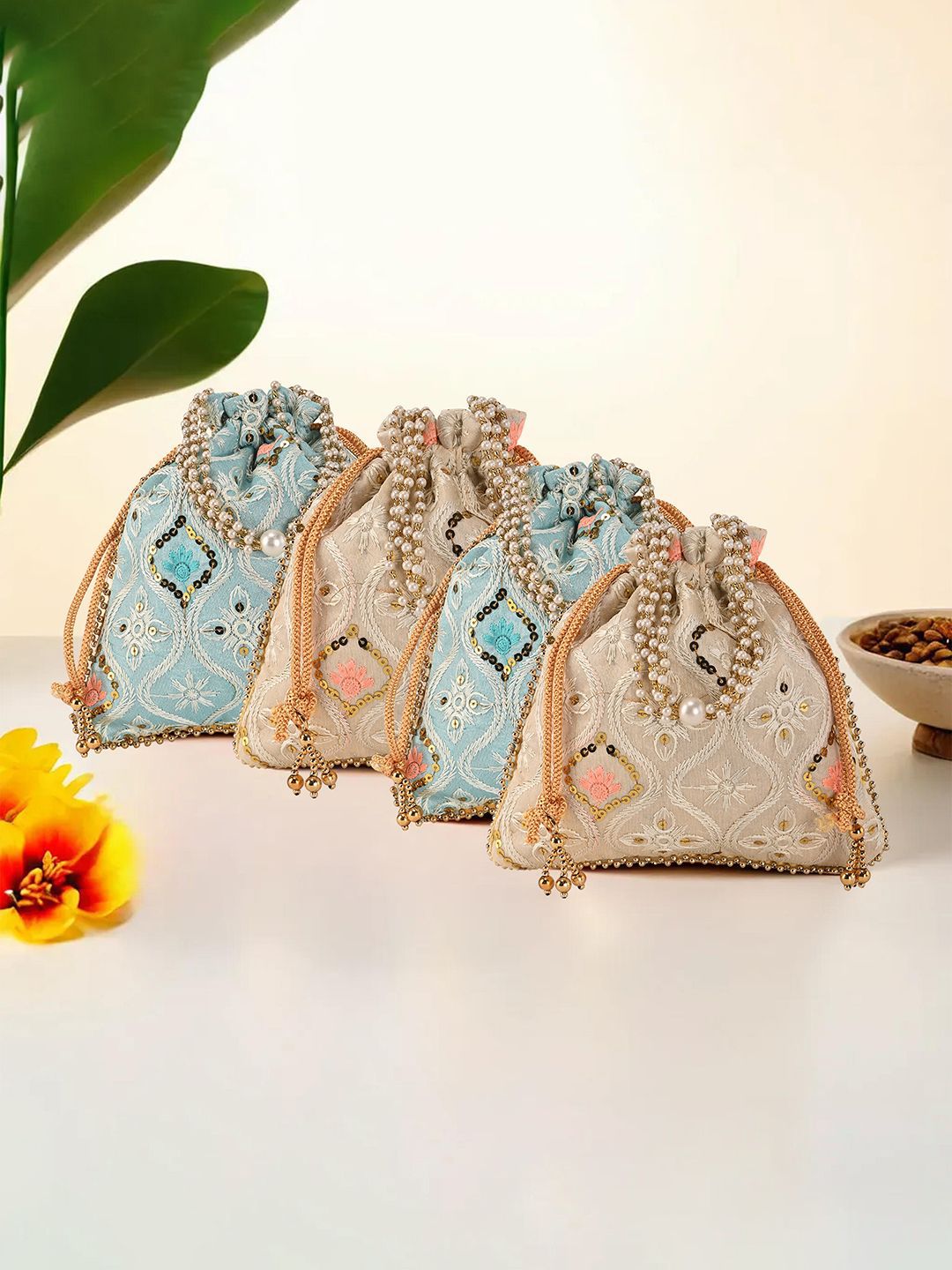 Kuber Industries Set of 4 Lakhnavi Embroidered Sequinned Pearls Handle Potli Bags-picture-15