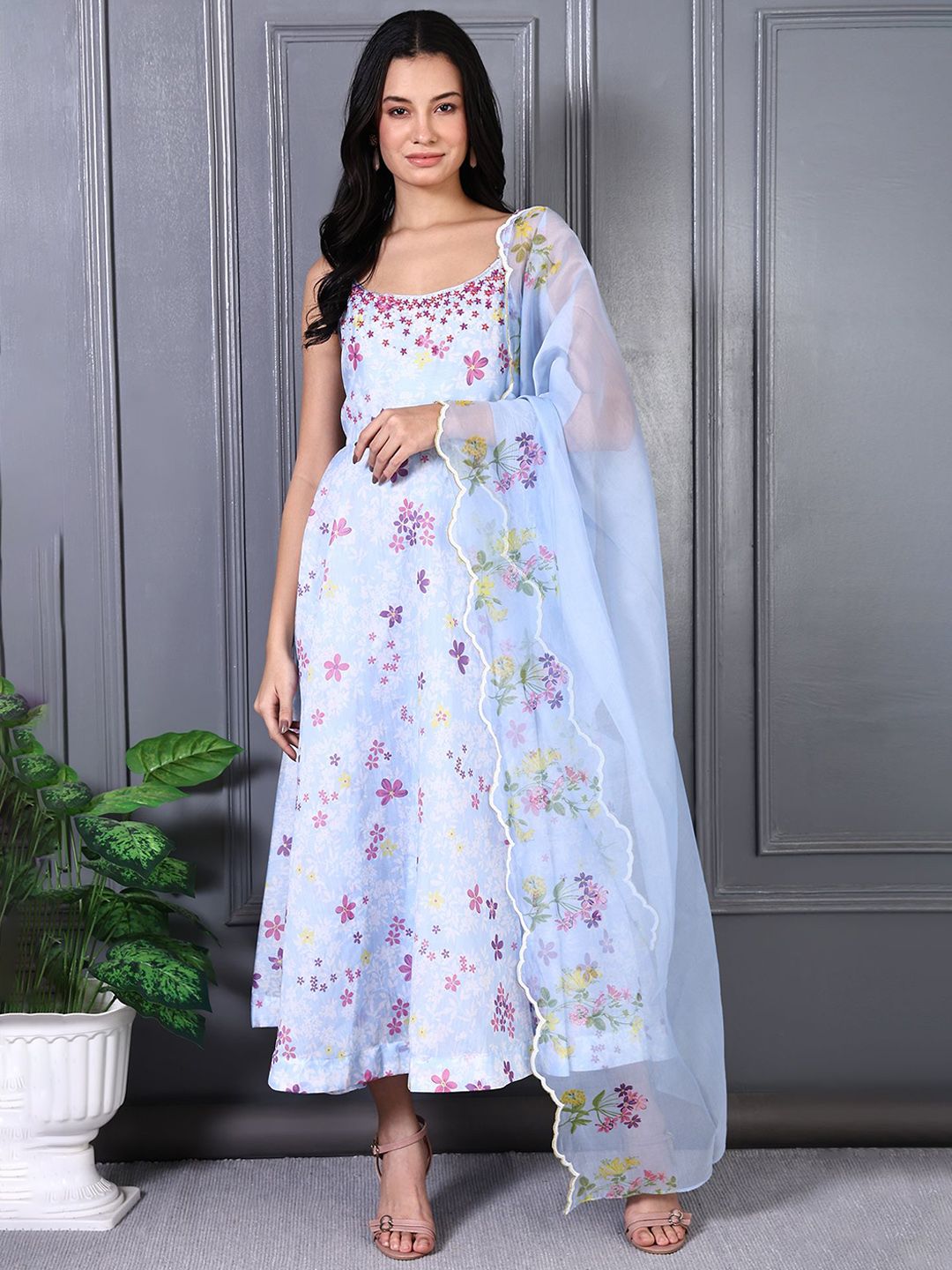 W Printed Fit & Flare Maxi Dress With Dupatta-picture-39