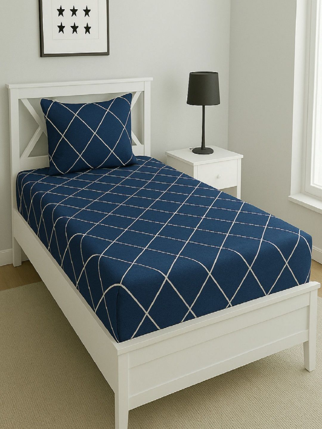Aura Blue & White Geometric Printed 144 TC Microfiber Single Bedsheet Set 1.52 m x 2.28 m-picture-26
