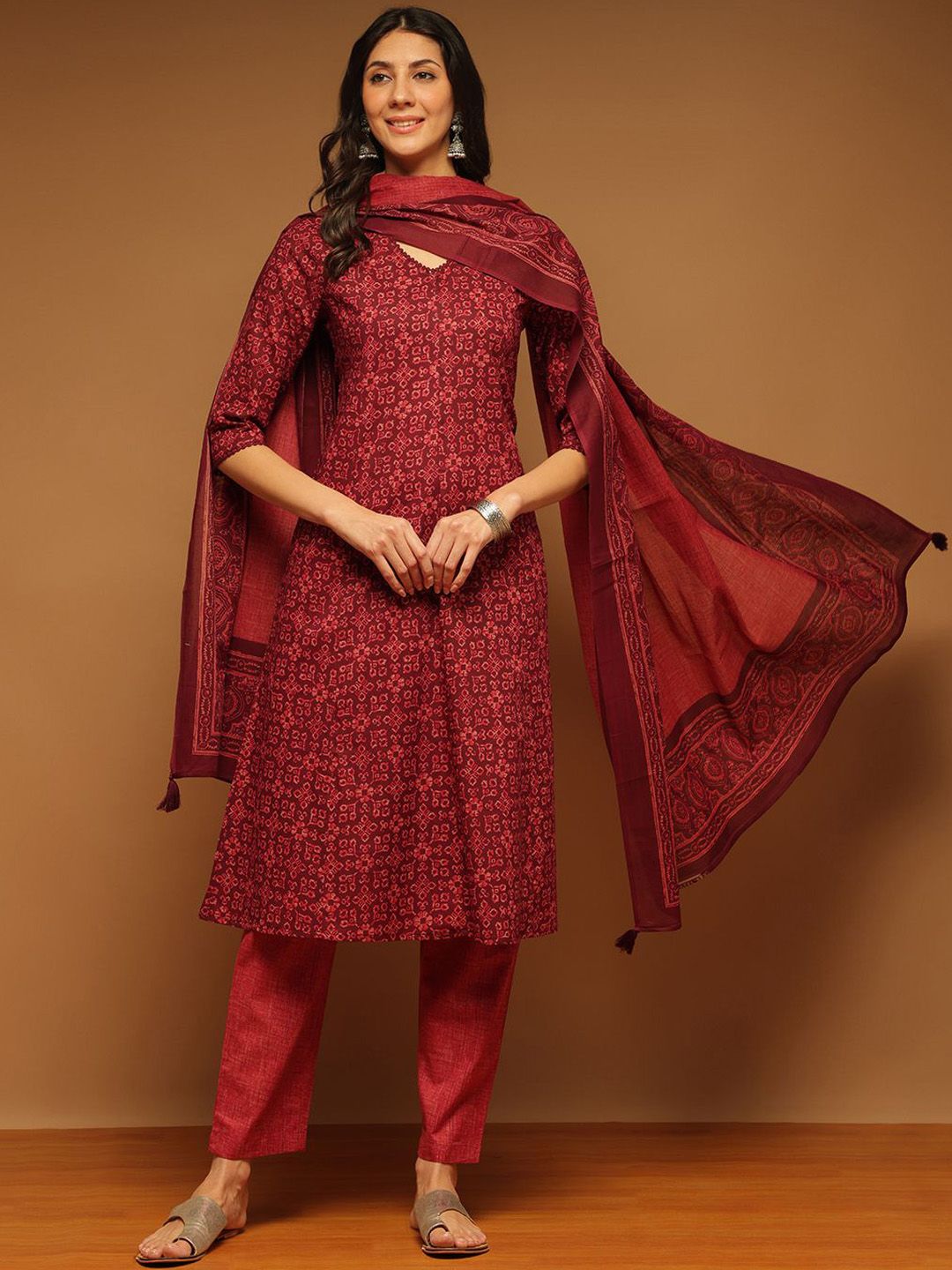 Anouk Floral Printed V-Neck Pure Cotton A-Line Kurta With Trouser & Dupatta