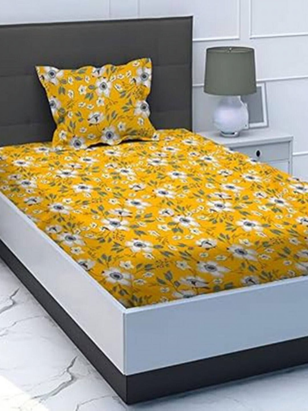 Aura Grey & Yellow Floral Printed 144 TC Microfiber Single Bedsheet Set 1.52 m x 2.28 m-picture-38