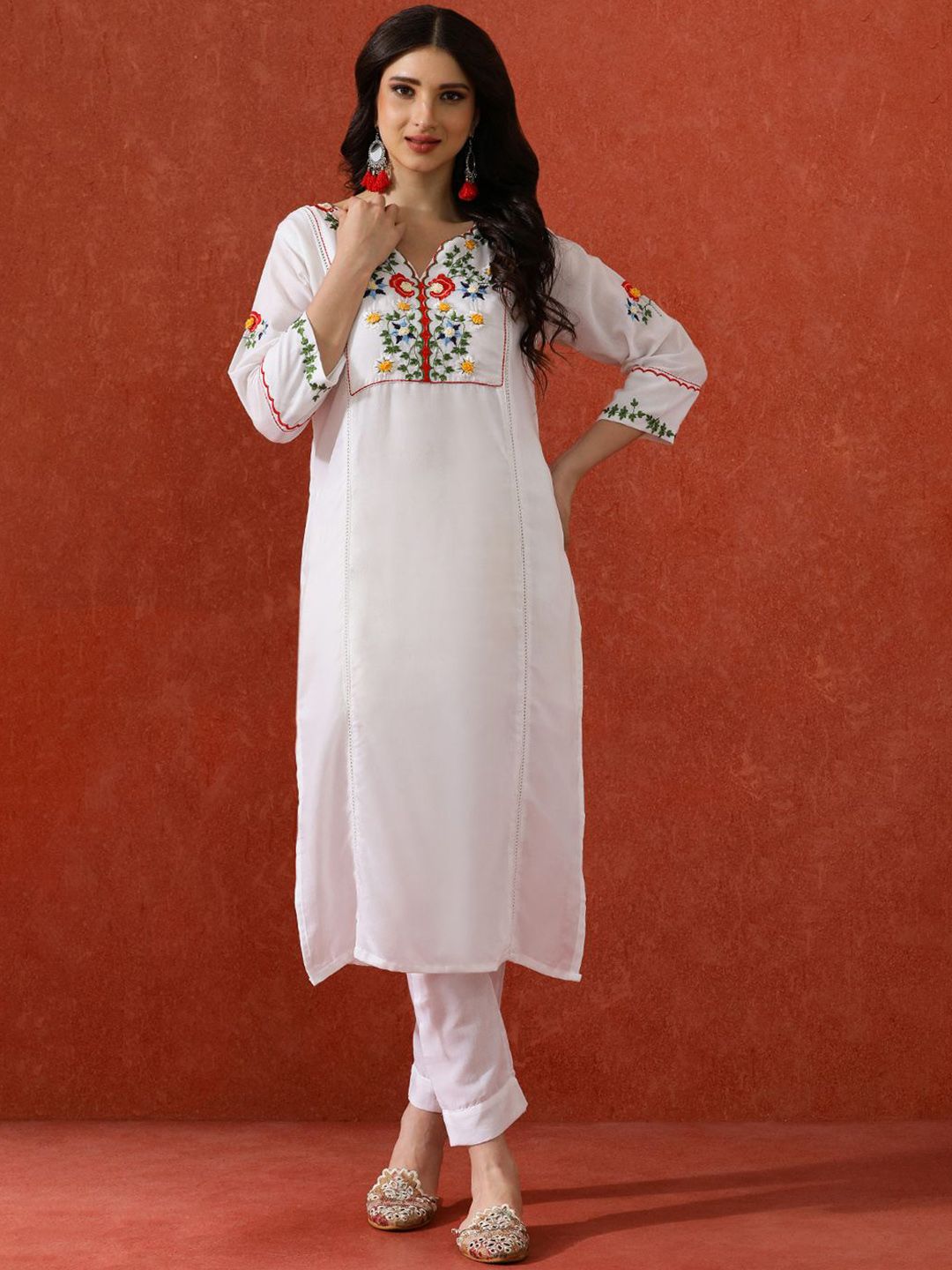 QSH Embroidered A-Line Solid Kurta & Trousers