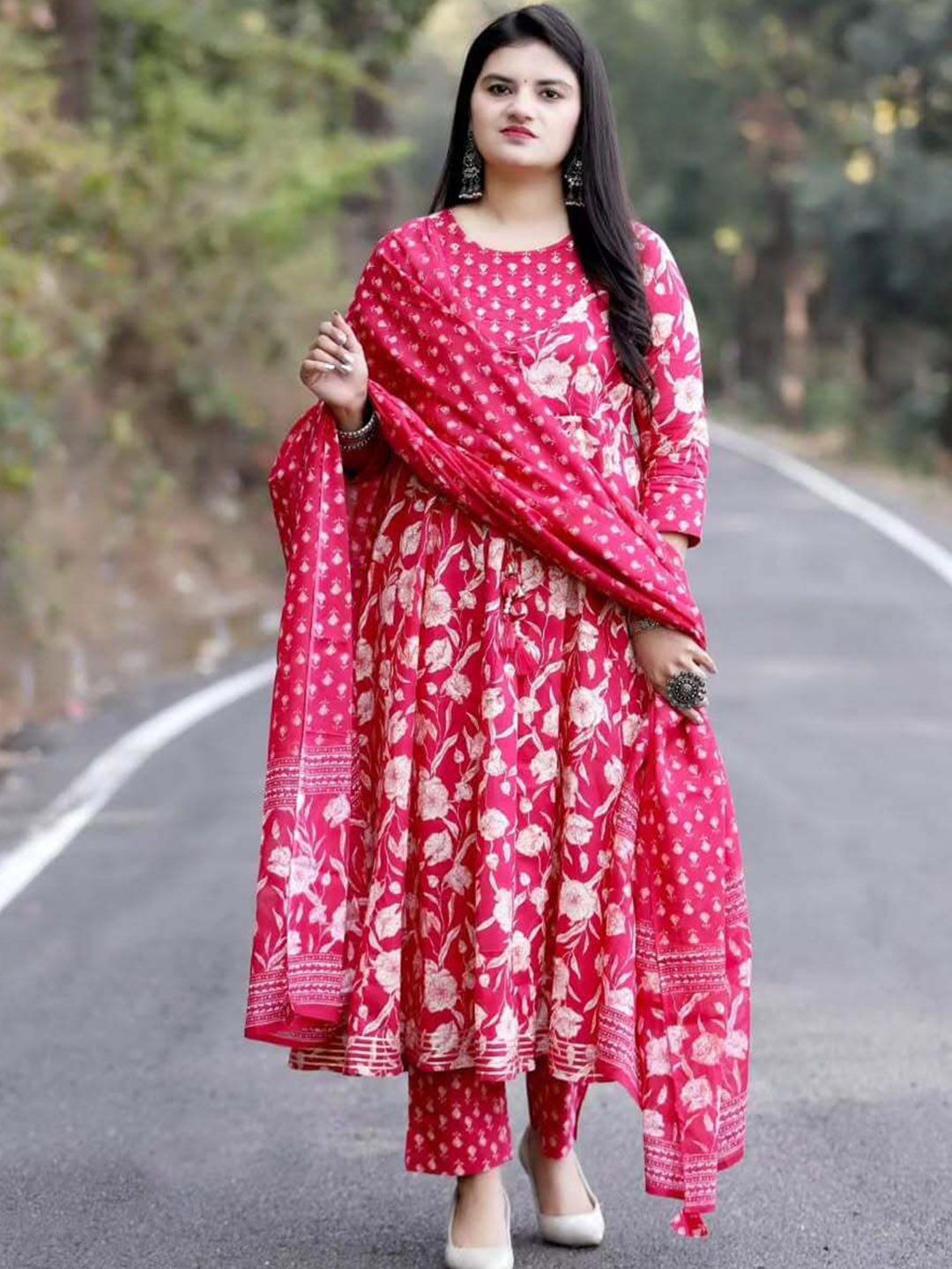 YUSRA Floral Printed Empire Mirror Work Anarkali Kurta With Trouser And Dupatta