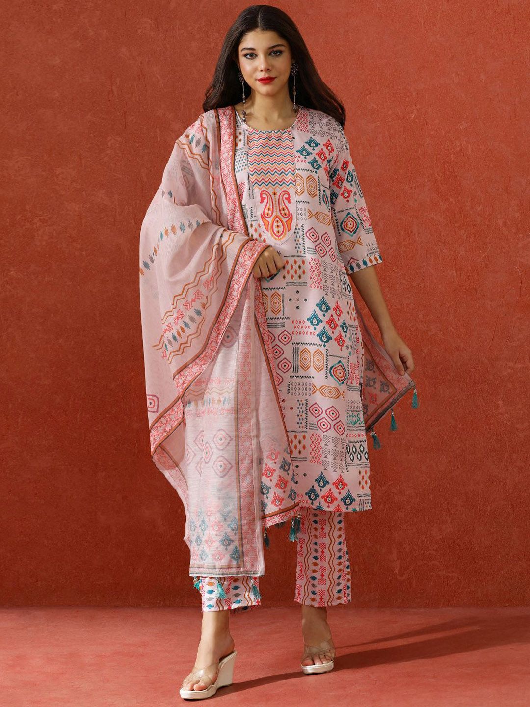 QSH Geometric Printed A-Line Festive Kurta & Trousers With Dupatta