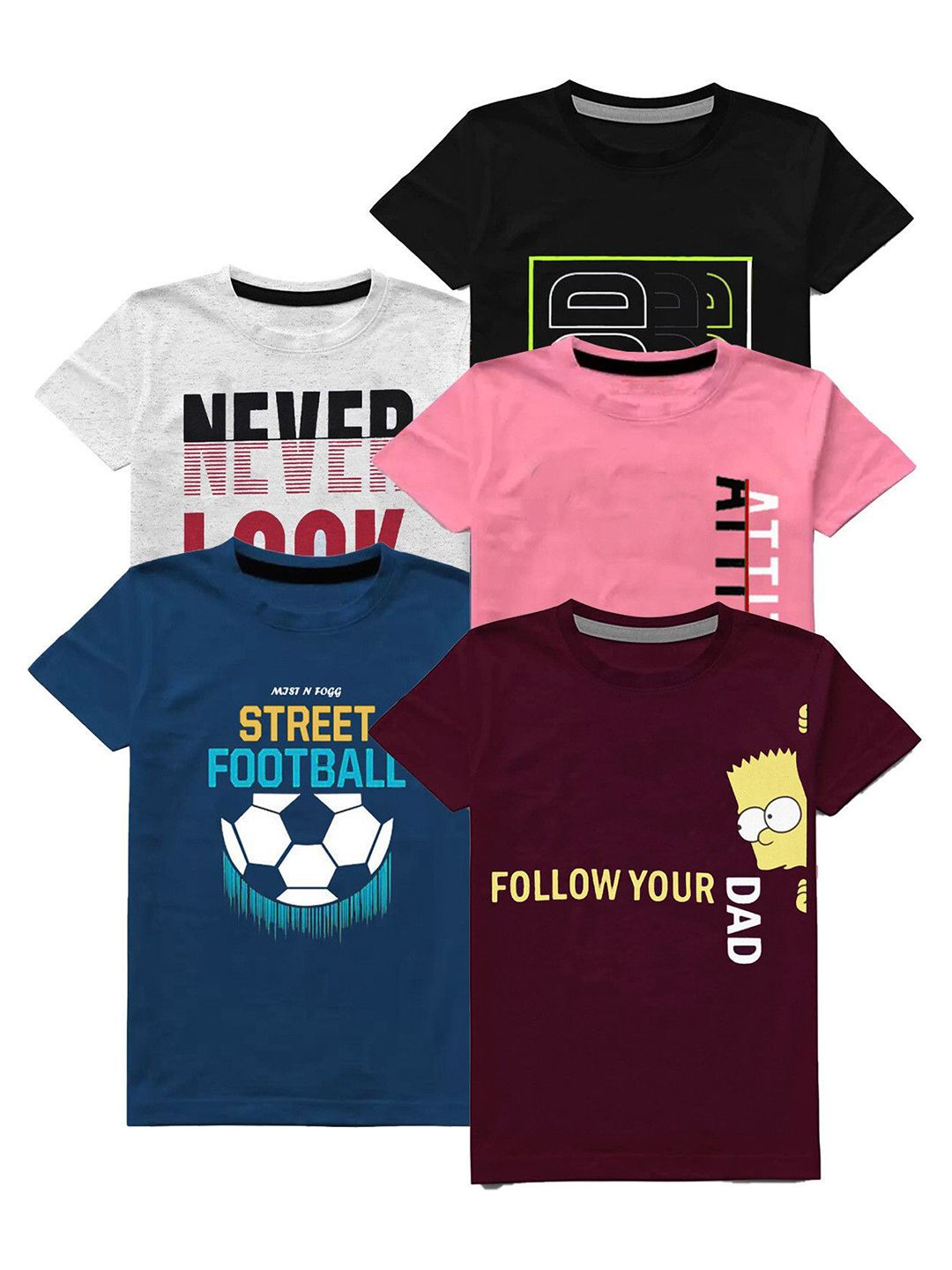 MIST N FOGG Boys Pack Of 5 Typography Round Neck Short Sleeves Printed T-shirt-picture-46