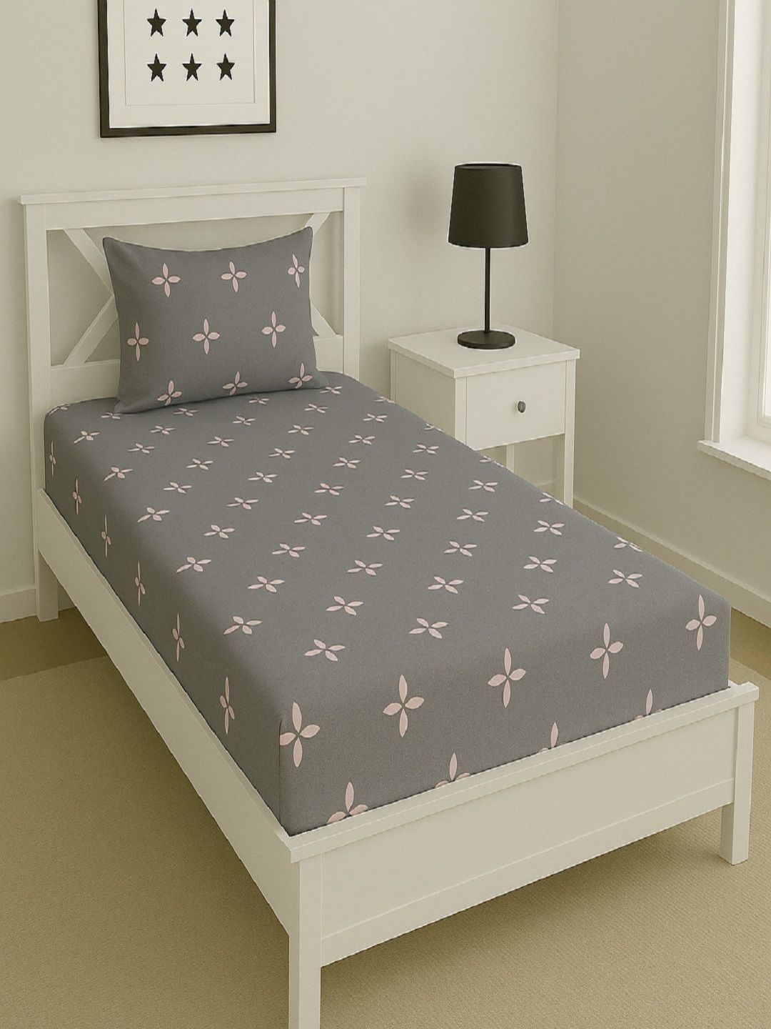 Aura Grey & Pink Floral Printed 144 TC Microfiber Single Bedsheet Set 1.52 m x 2.28 m-picture-39
