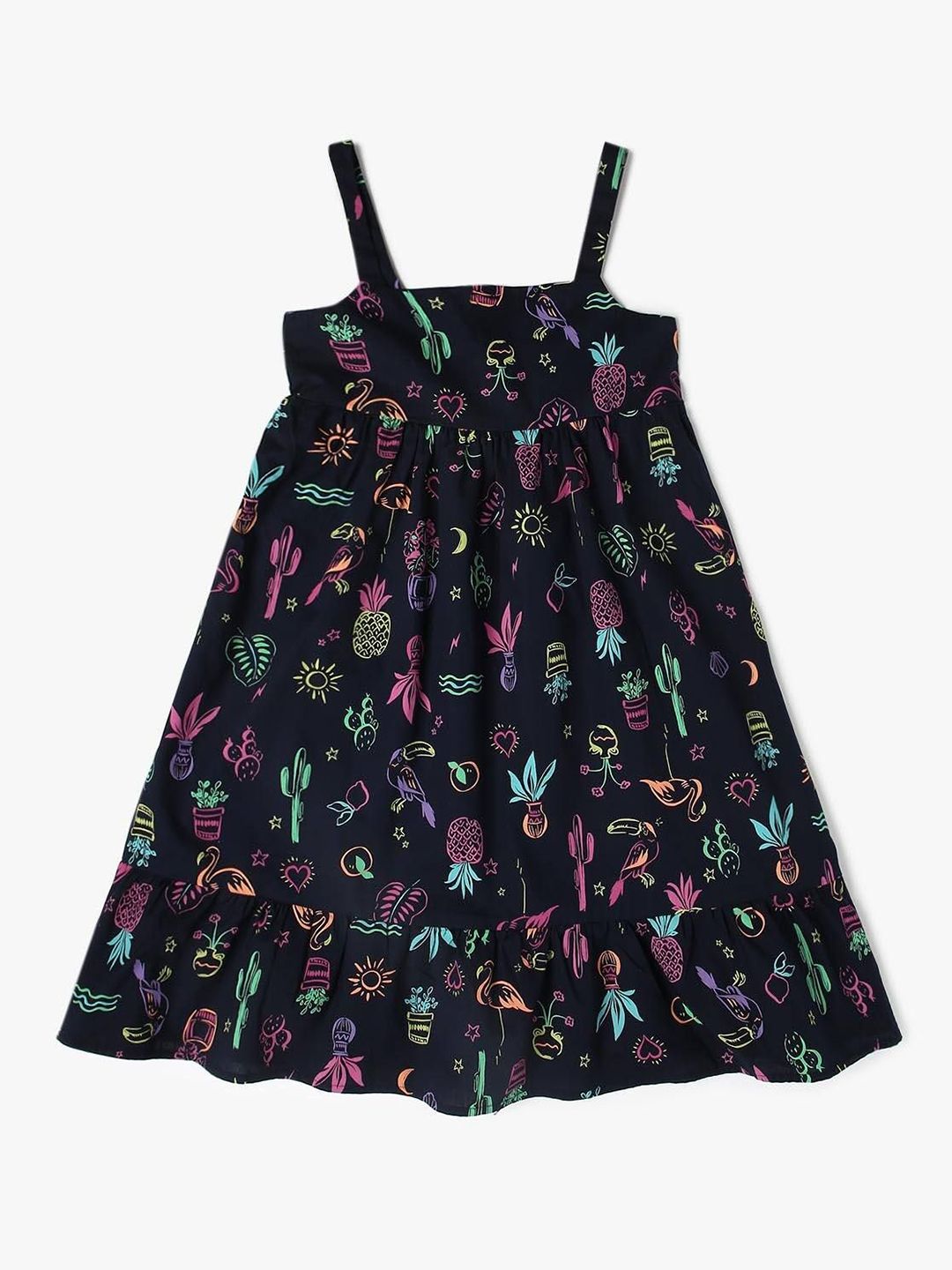 GAP Girls Conversational Printed Cotton Shoulder Straps Neck Flounce Hem A-Line Dress