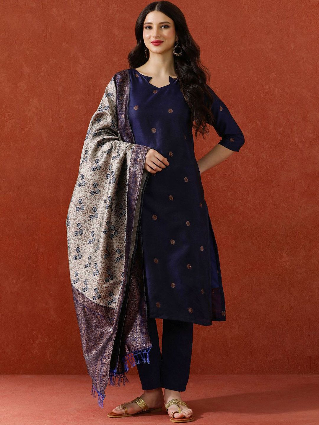 QSH Floral Woven Design Notch Neck Straight Kurta With Trousers And Dupatta