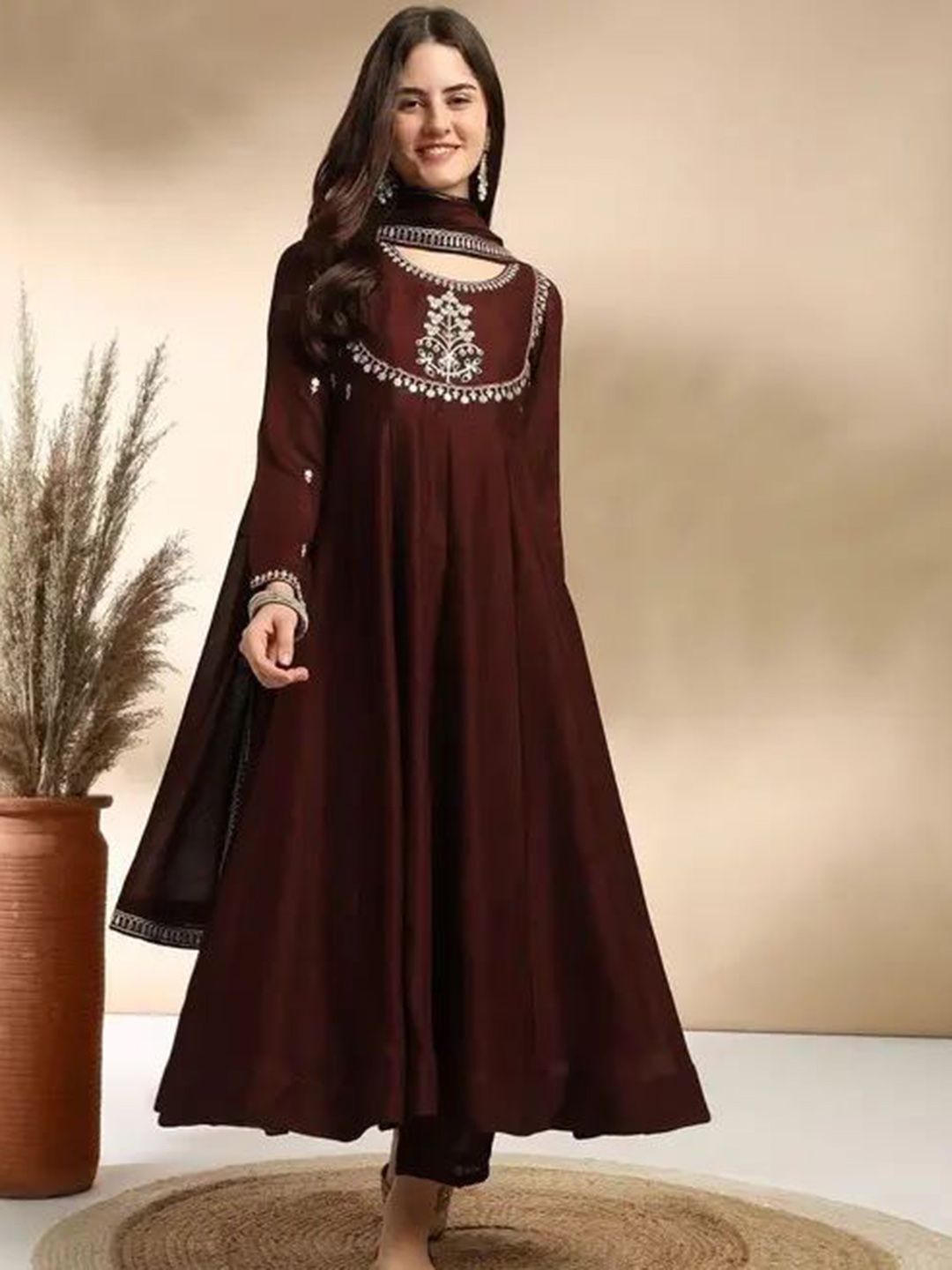 AKSHARAM Floral  Embroidered Sequinned Yoke Design Straight Kurta With Trouser & Dupatta