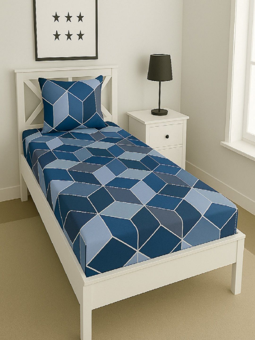 Aura Blue Geometric Printed 144 TC Microfiber Single Bedsheet Set 1.52 m x 2.28 m-picture-14