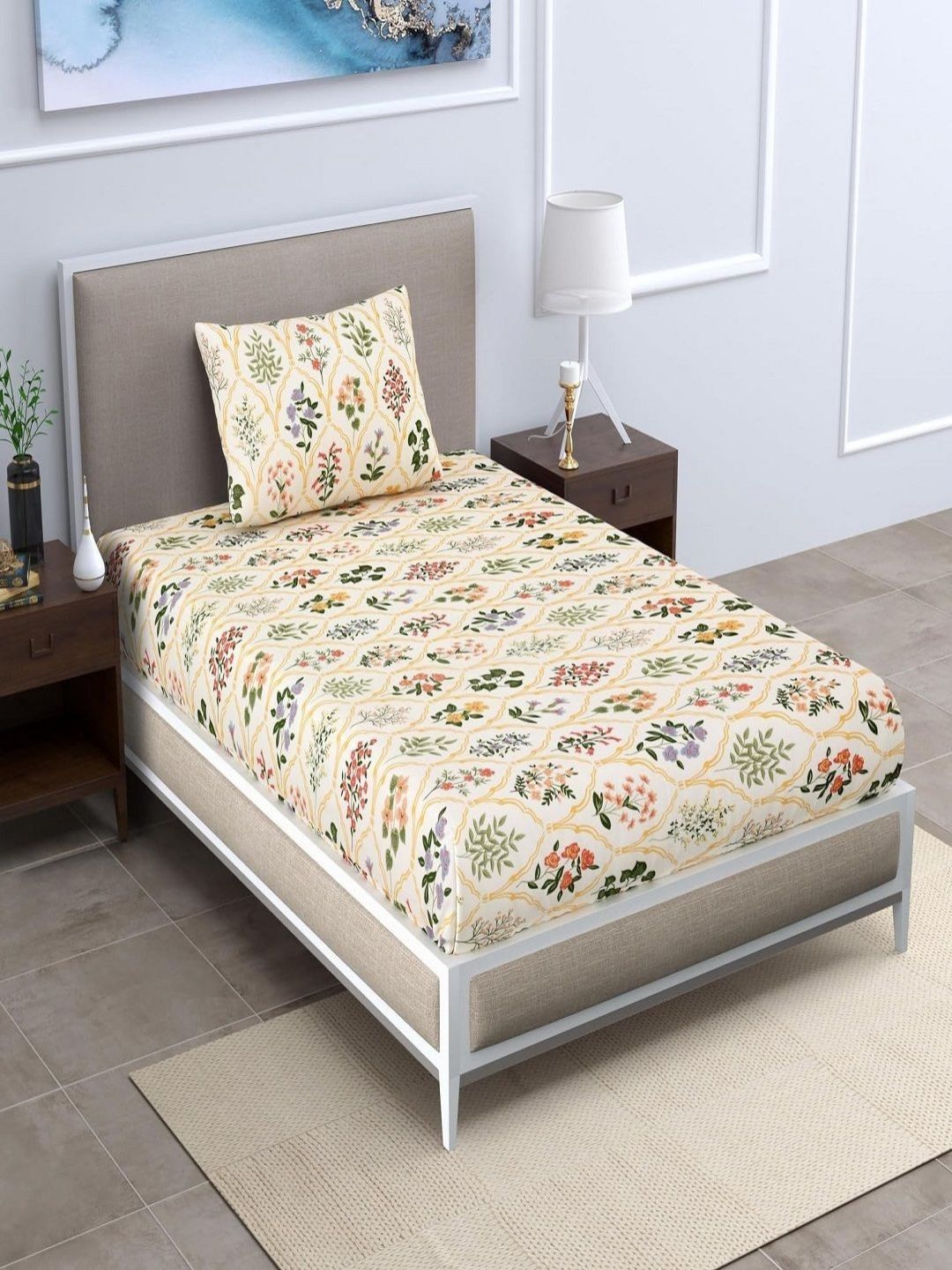 Aura Cream-Coloured Floral Printed 144 TC Microfiber Single Bedsheet Set 1.52 m x 2.28 m-image-13