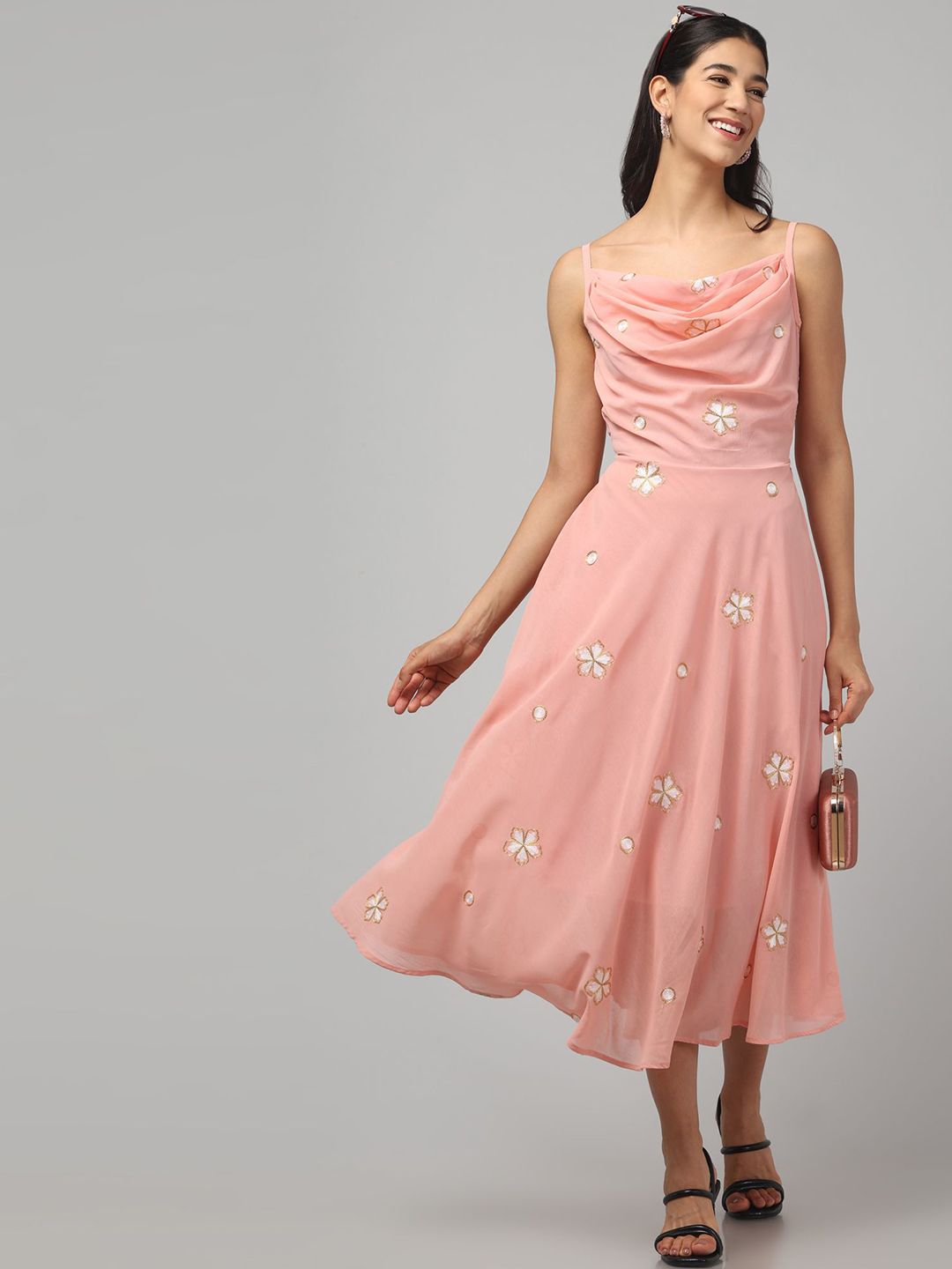clobug Floral Embroidered Shoulder Straps Cotton Fit & Flare Midi Dress