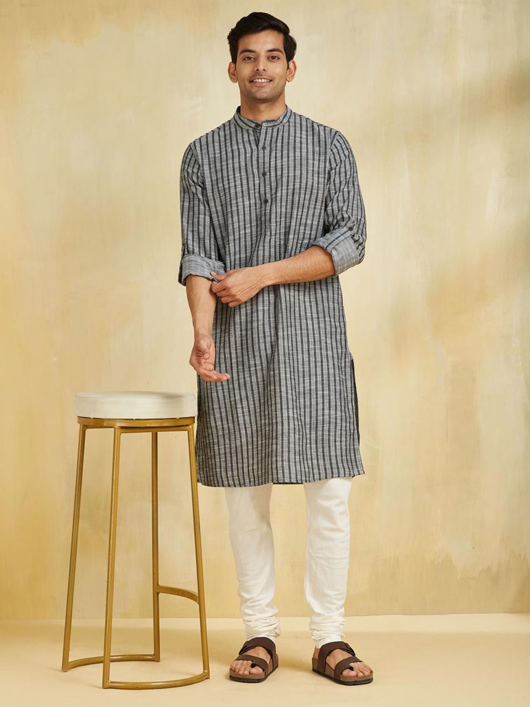 Fabindia Men Striped Festive Cotton Straight Kurta-picture-32