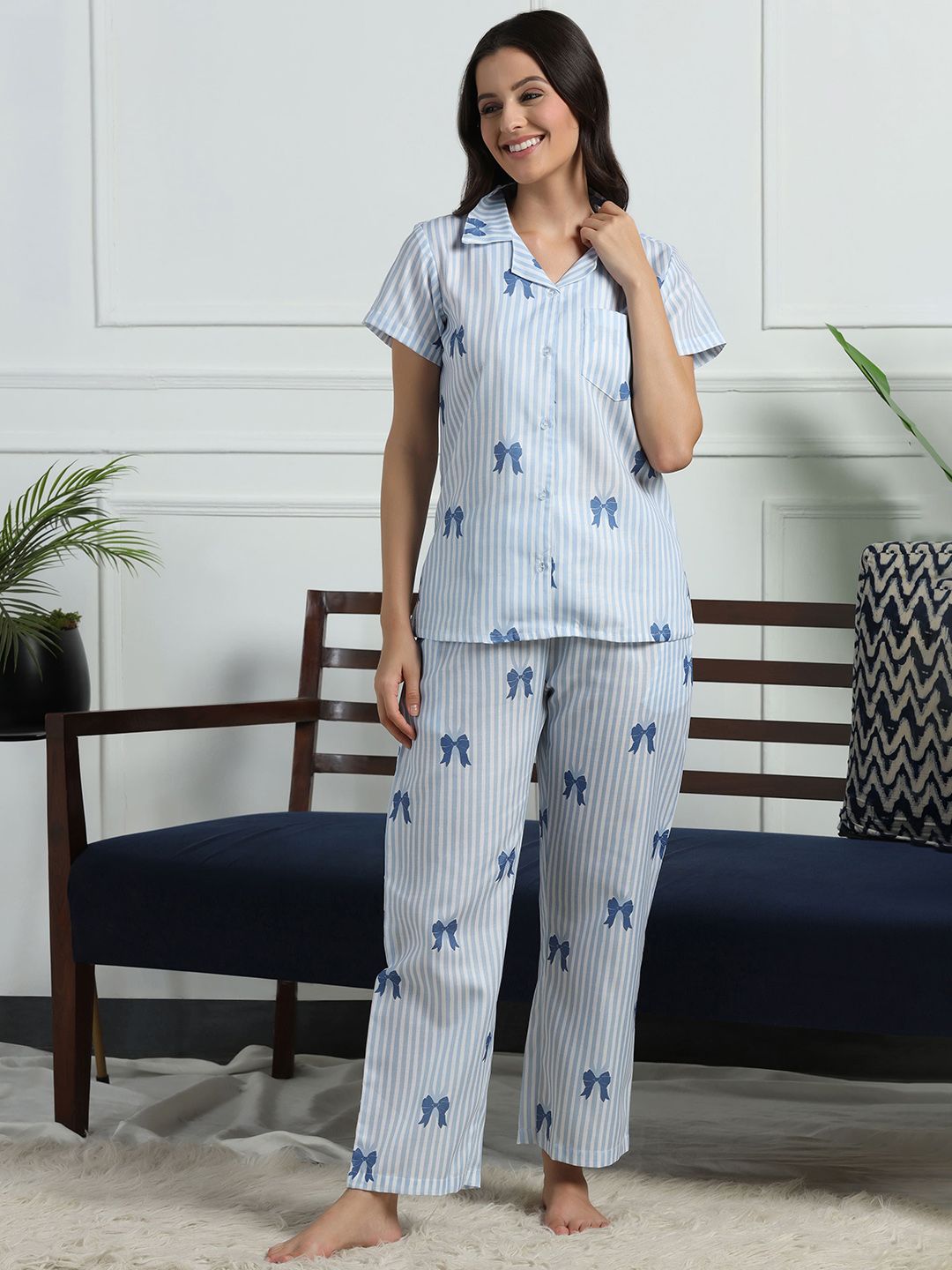 House of Comfort Women Striped Printed Shirt Collar Shirt & Pyjamas-picture-57