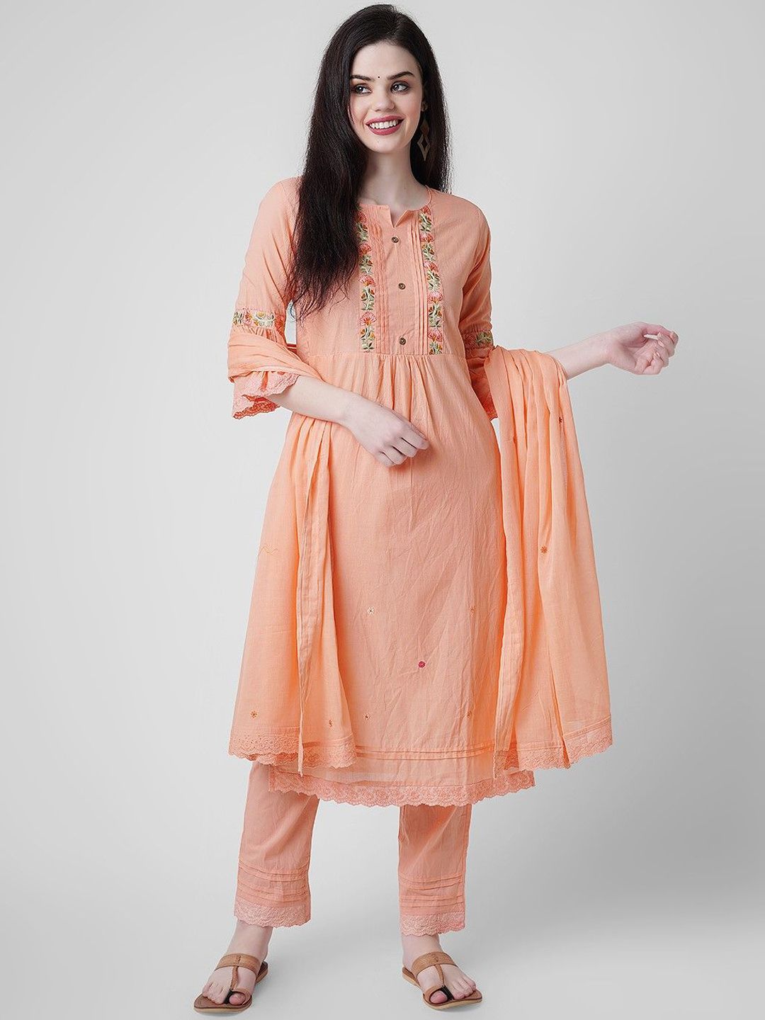 Oash Floral Embroidered Thread Work Organic Cotton Straight Kurta With Trouser & Dupatta