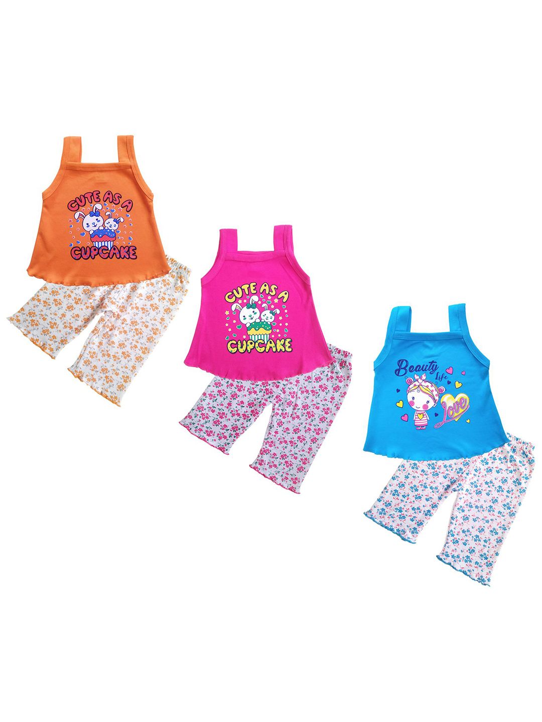 KIDDIEKISSES Girls Pack Of 3 Printed Sleeveless Tops With Trousers-picture-54