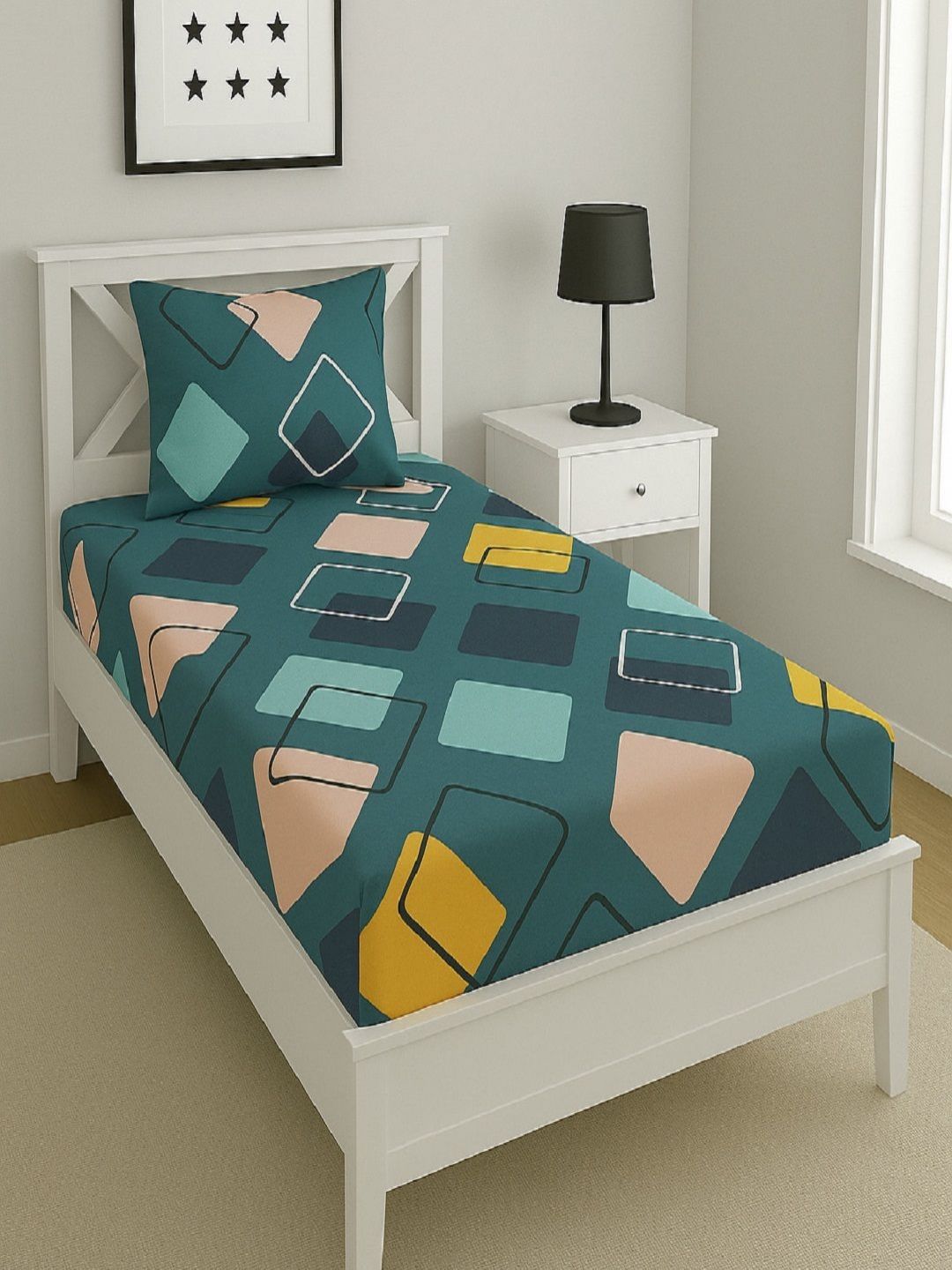 Aura Green & Yellow Geometric Printed 144TC Microfiber Single Bedsheet Set 1.52 m x 2.28 m-picture-35
