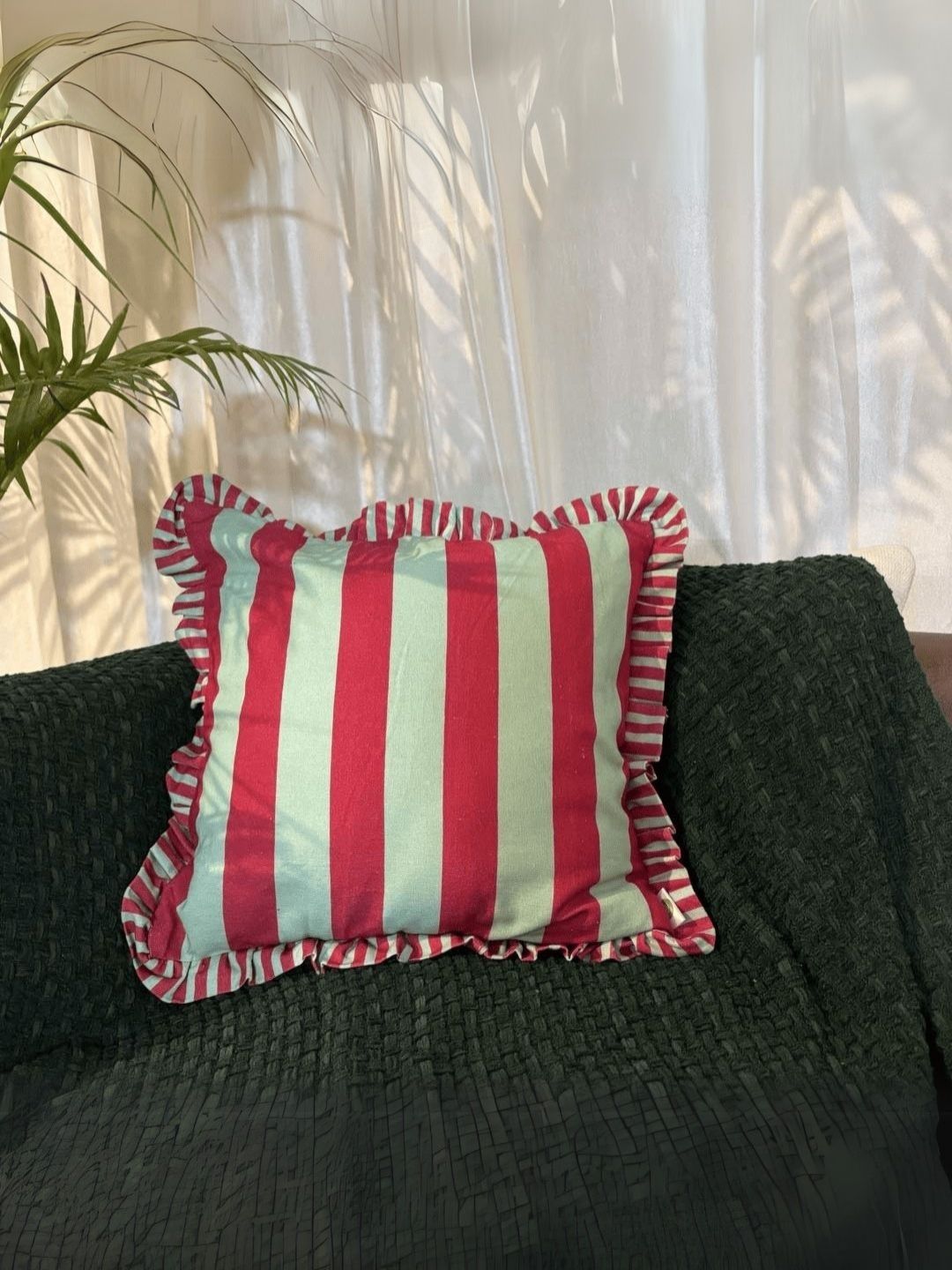 LUSHLYF Candy Cane Ruffle Green & Maroon Striped Cotton Square Cushion Cover-image-34
