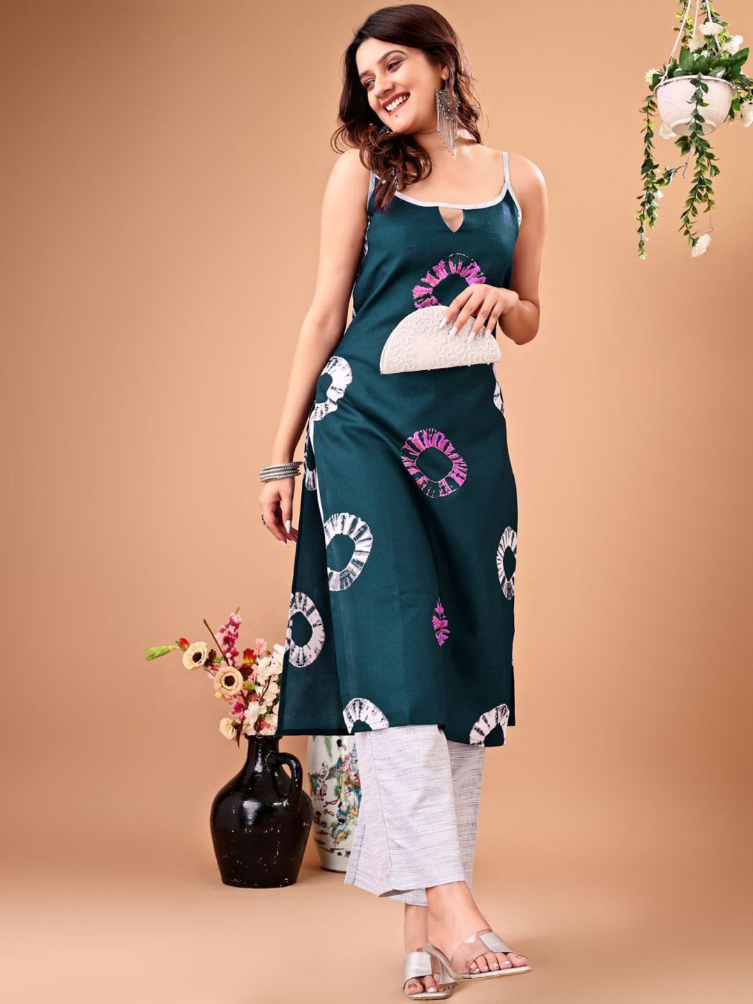 KALINI Geometric Printed Shoulder Strap Straight Kurta With Palazzos