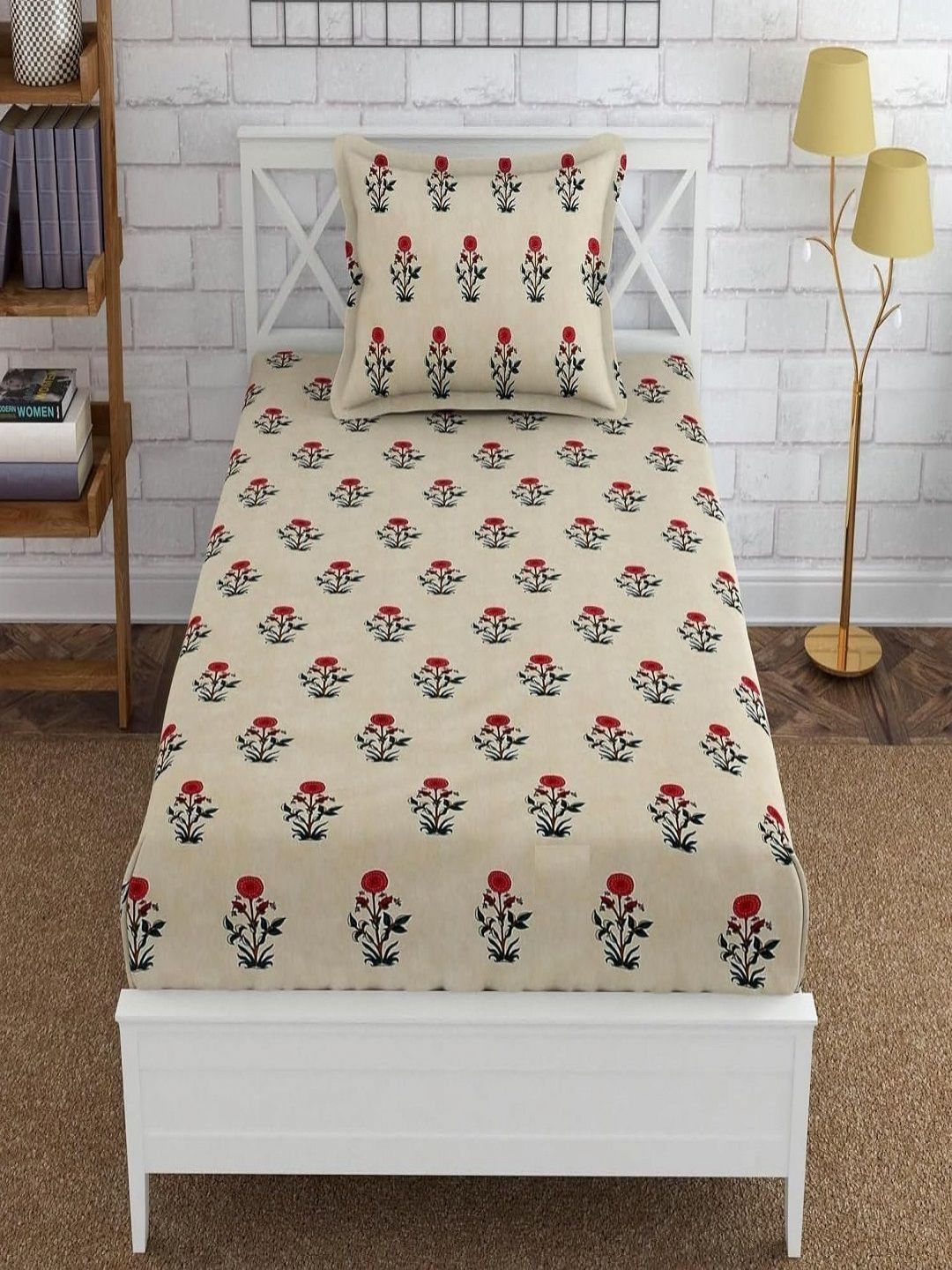 Aura Beige & Maroon Floral Printed 144 TC Microfiber Single Bedsheet Set 1.52 m x 2.28 m-image-14
