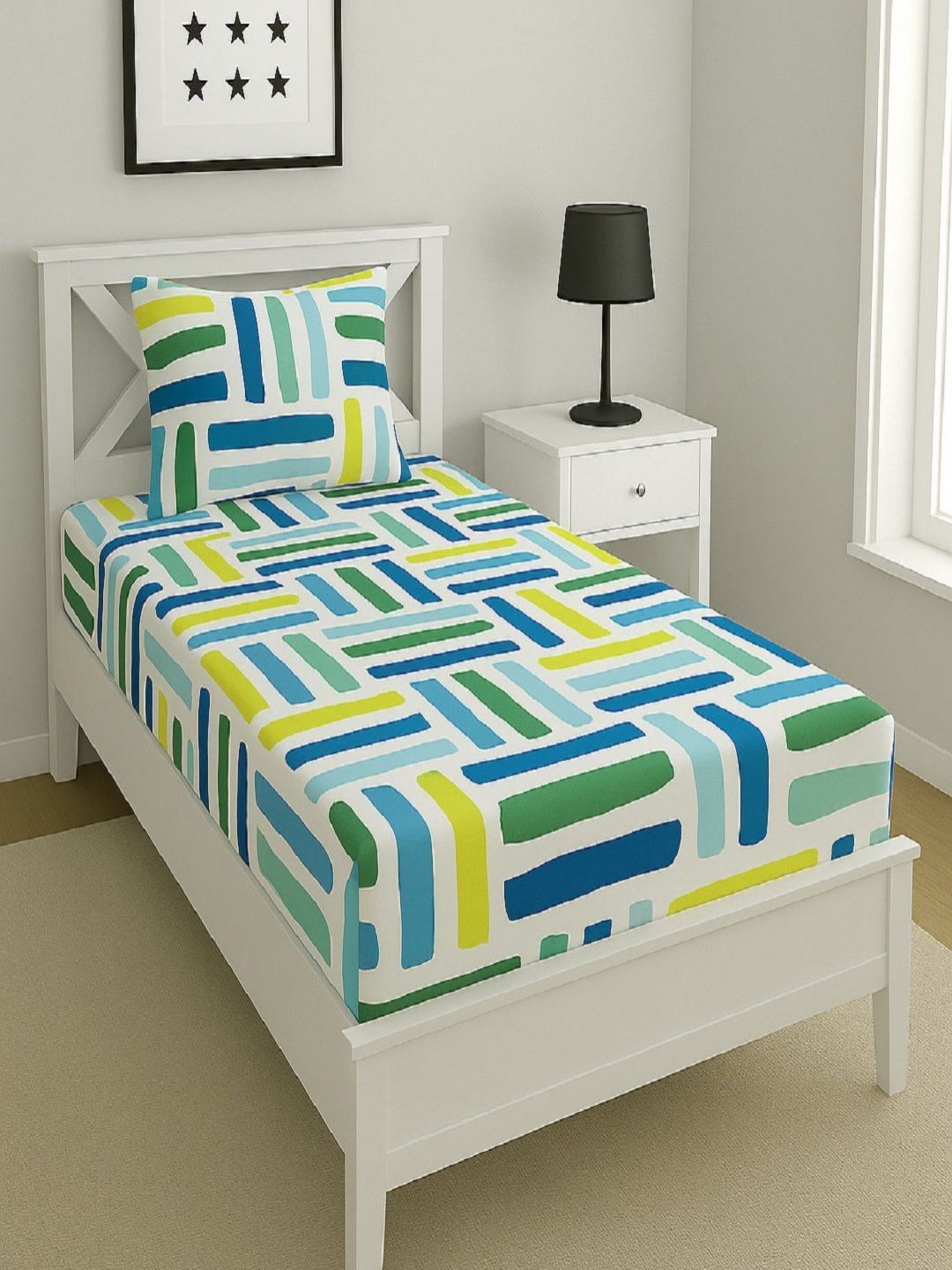 Aura White & Blue Striped Printed 144 TC Microfiber Single Bedsheet Set 1.52 m x 2.28 m-image-16