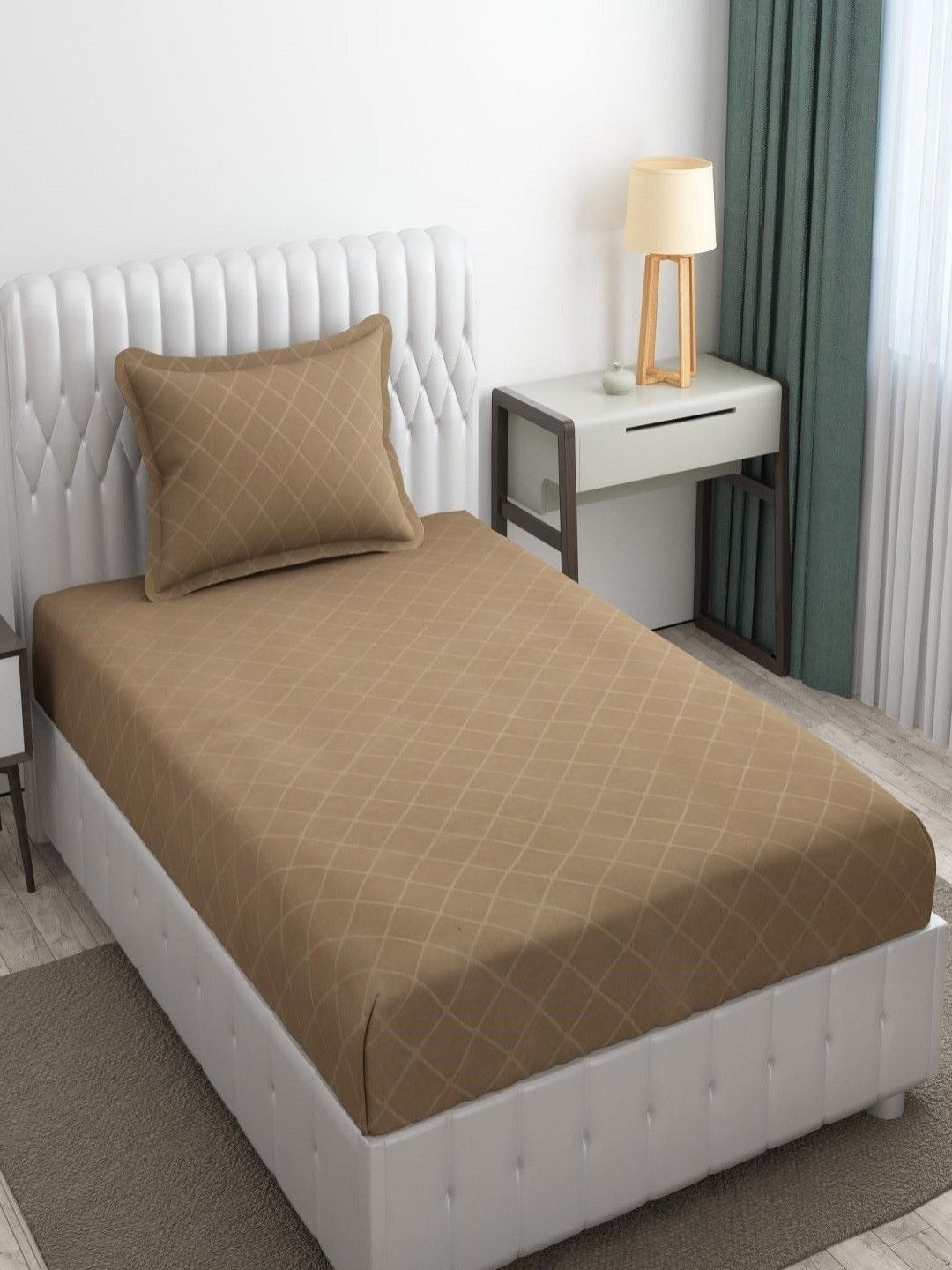 Aura Brown Geometric 144 TC Single Bedsheet with 1 Pillow Covers-image-30