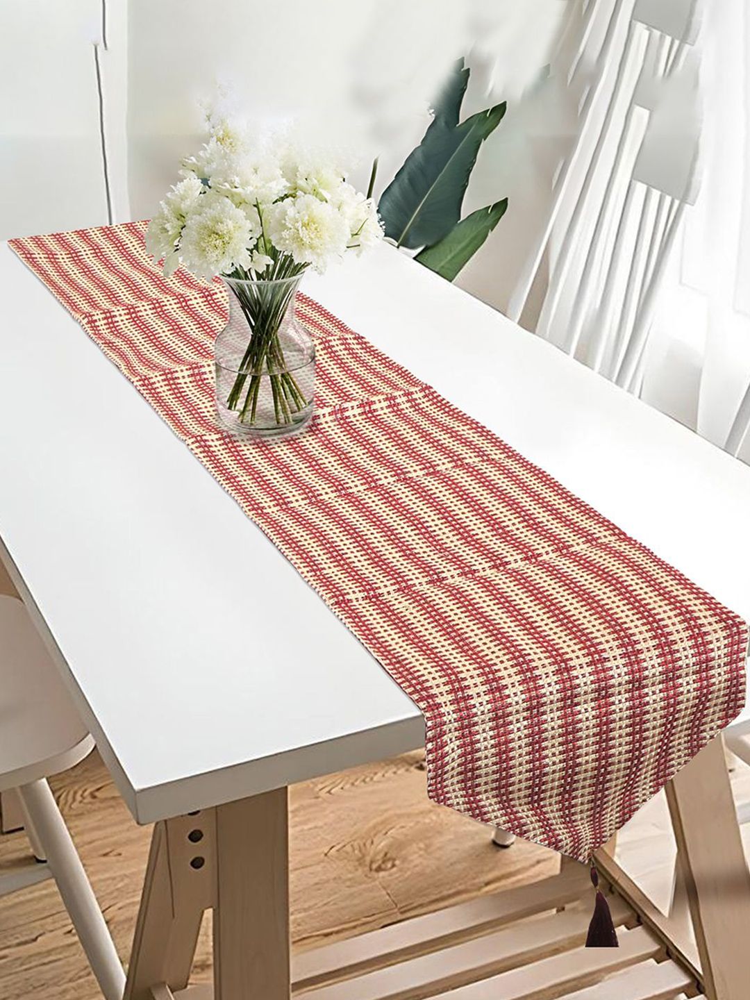 Kuber Industries Maroon & Beige Striped Jute 6 Seater Table Runner-image-7