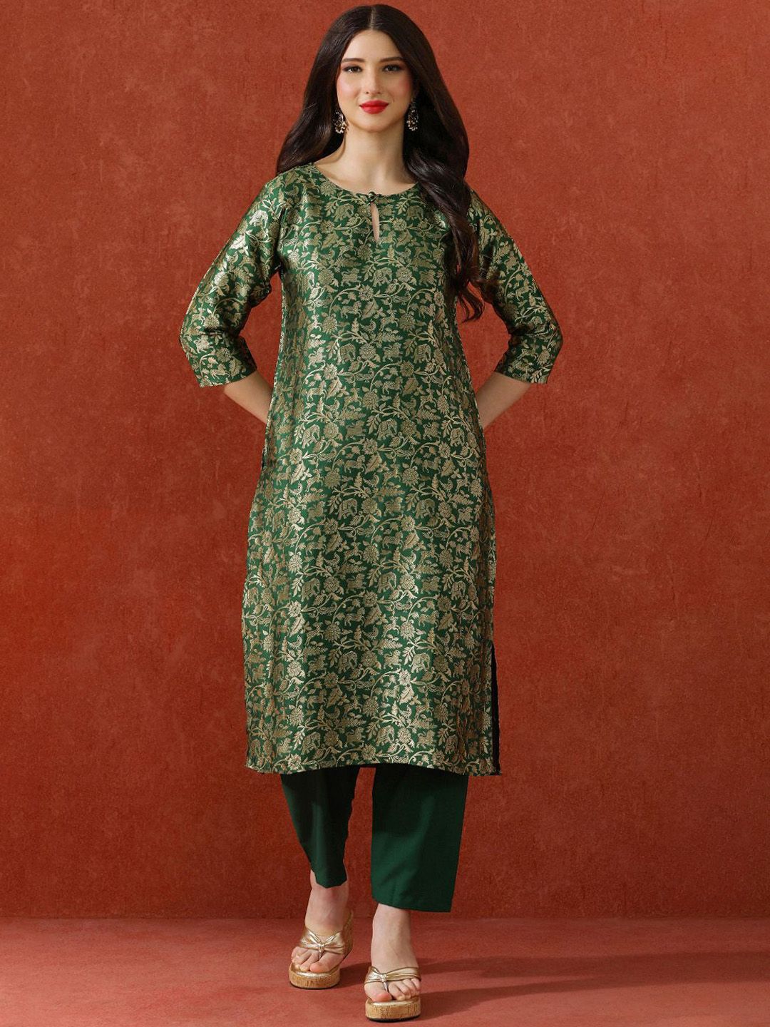 QSH Floral Woven Design A-Line Festive Kurta & Trousers With Dupatta