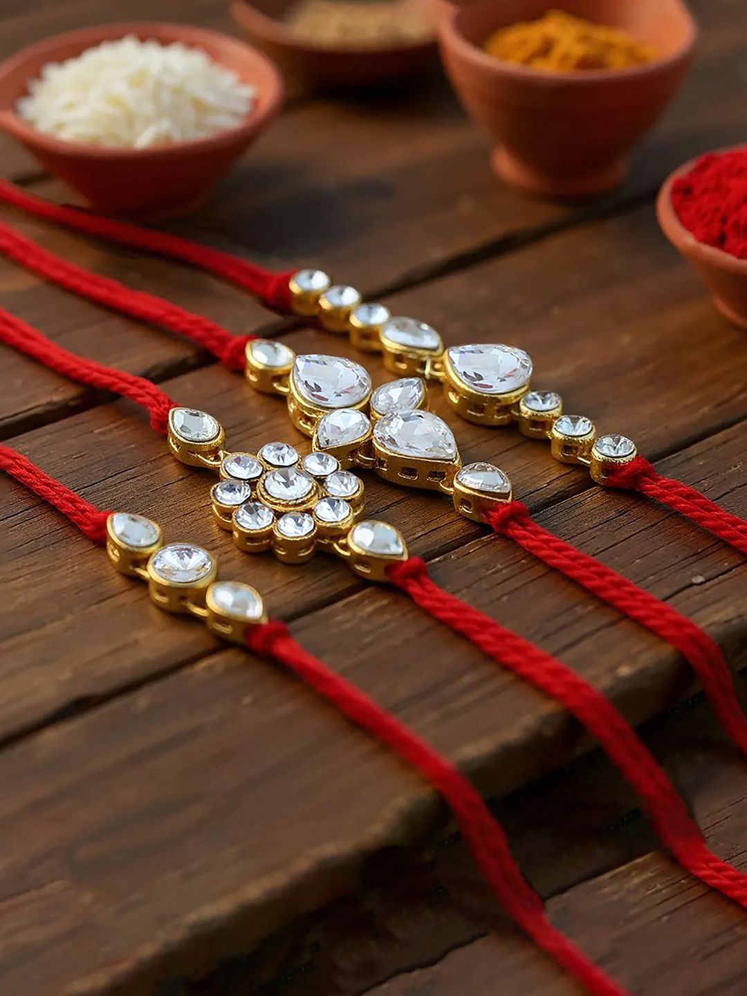 LUCKY JEWELLERY Set Of 4 Stone-Studded & Beaded Rakhi With Greeting Card Gift Set-picture-24