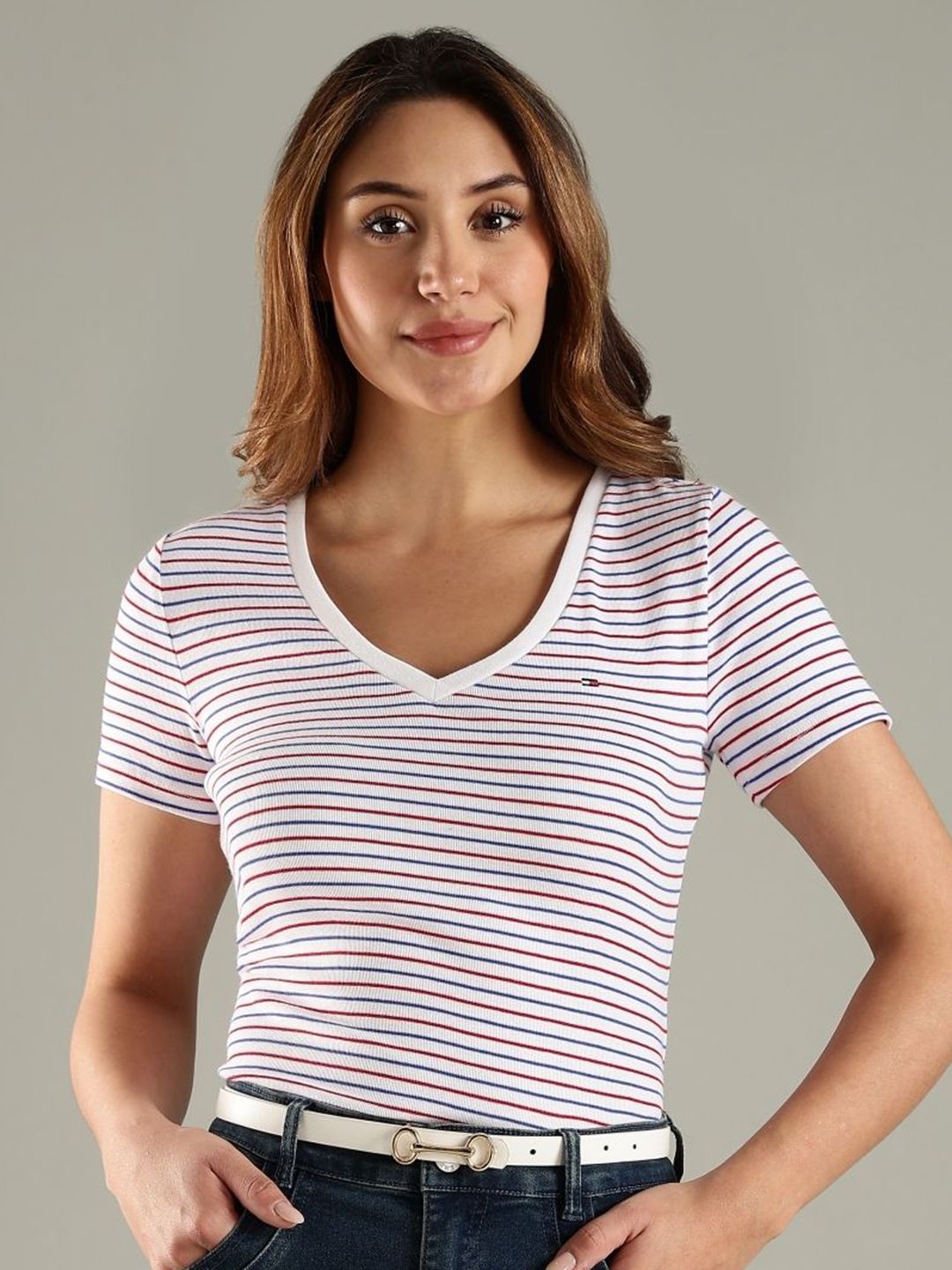 Tommy Hilfiger Women Striped V-Neck Cotton T-shirt-picture-26
