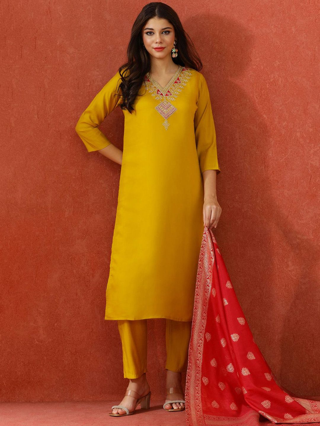 QSH Embroidered A-Line Solid Festive Kurta & Trousers With Dupatta