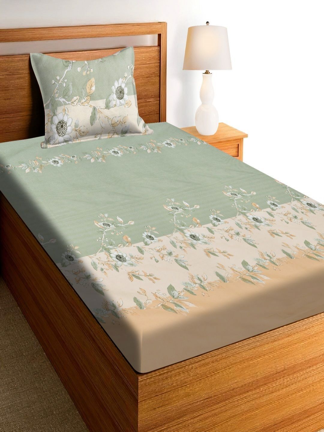 Aura Green & Beige Floral Printed 144 TC Microfiber Single Bedsheet Set 1.52 m x 2.28 m-image-35