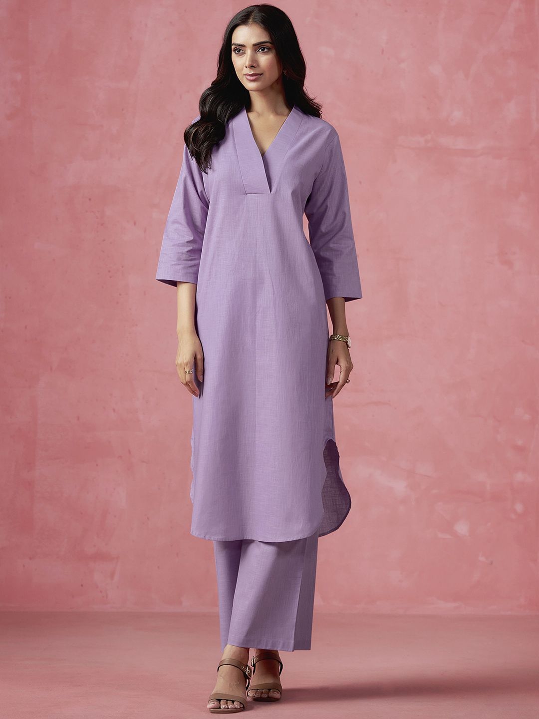 Sangria V-Neck Pure Cotton Straight Kurta With Trousers