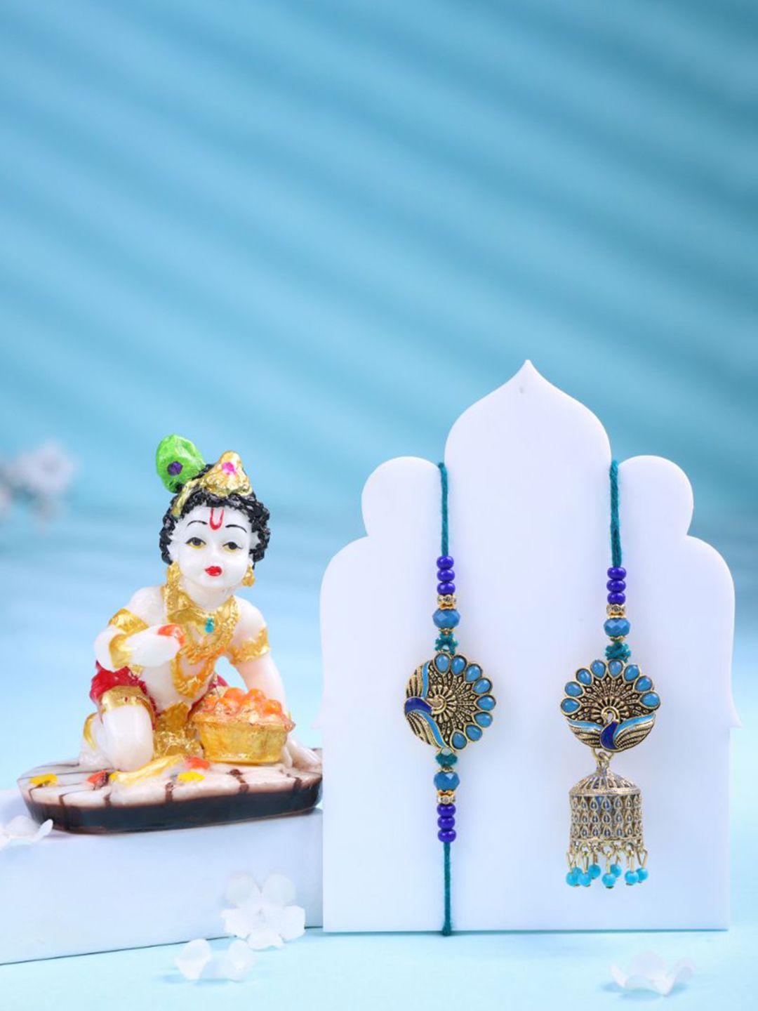 Floweraura Unisex Peacock Charm Bhaiya Bhabhi Rakhis With Lord Krishna Showpiece Gift Set-picture-52