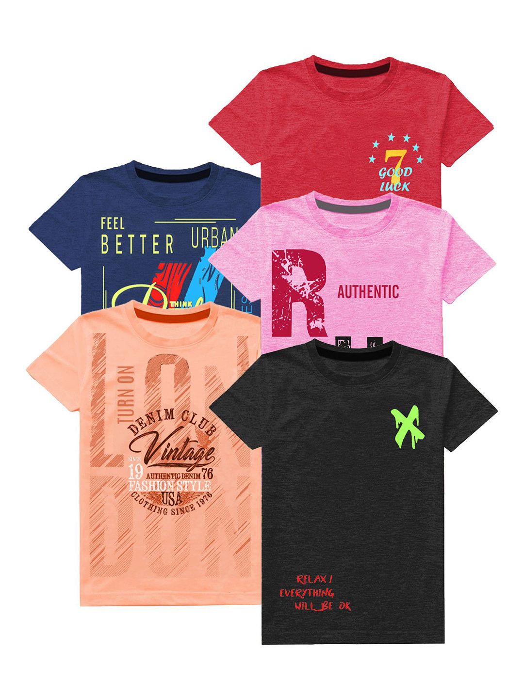 MIST N FOGG Boys Pack Of 5 Typography Printed Round Neck Pure Cotton T-shirt-picture-34