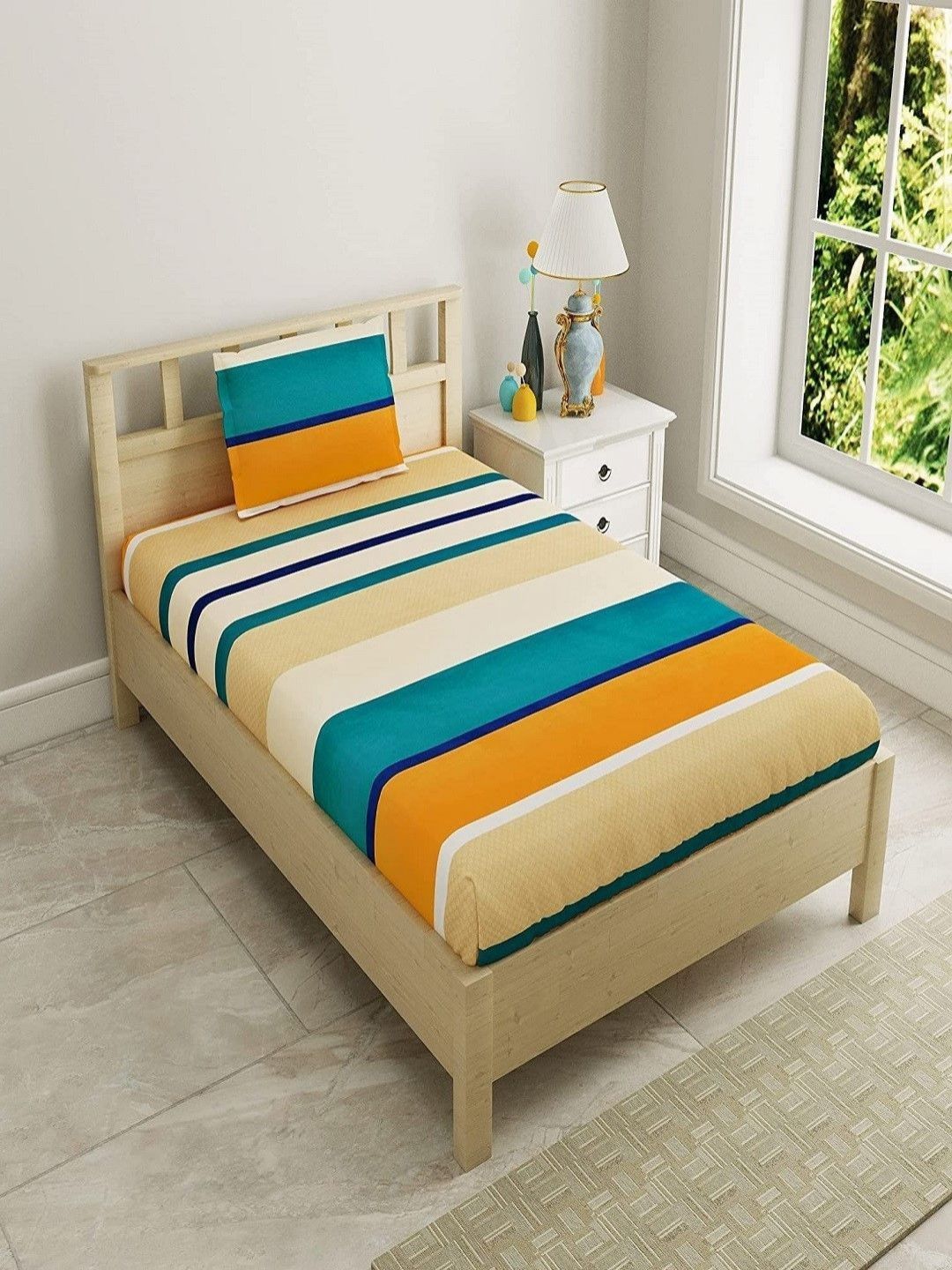 Aura Orange & Teal Striped Printed 144 TC Microfiber Single Bedsheet Set 1.52 m x 2.28 m-image-30