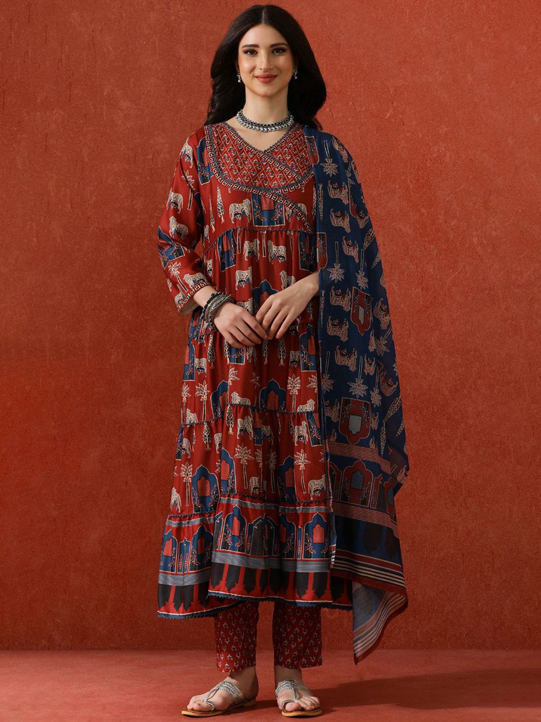 QSH Ethnic Motifs Printed A-Line Festive Kurta & Trousers With Dupatta