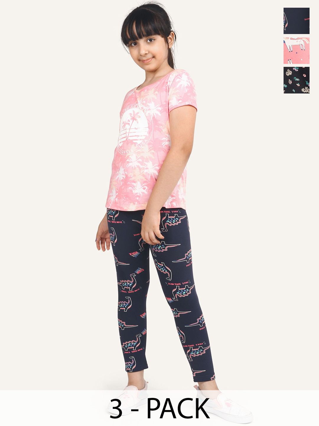 ariel Girls Pack Of 3 Printed Cotton Ankle Length Leggings-picture-43