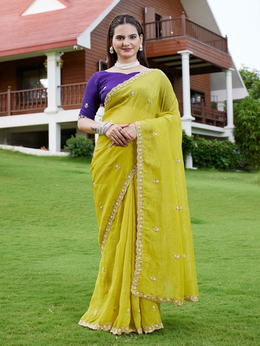 K 5 Fashion Ethnic Motifs Beads and Stones Embellished Pure Chiffon Saree-picture-23